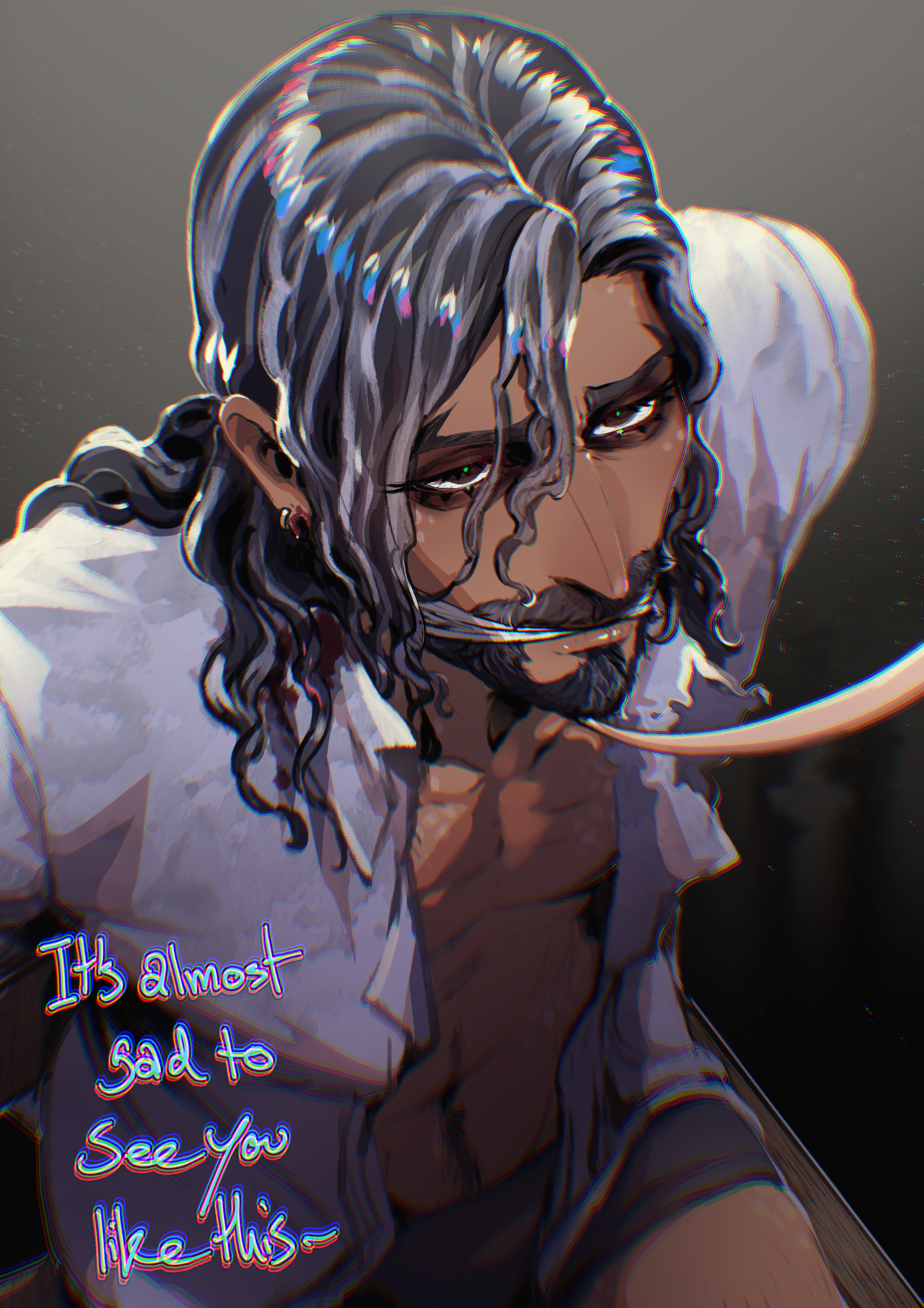jonathan sims, the magnus archives, absurdres, highres, beard, black hair, blackberreh-art, blood, dark-skinned male, dark skin, design speculation, earrings, facial hair, gagged, green pupils, grey hair, injury, jewelry, kidnapped, lips, long hair, male focus, male underwear, multicolored hair, nose, scar, scar on face, shirt, sitting, two-tone hair, underwear