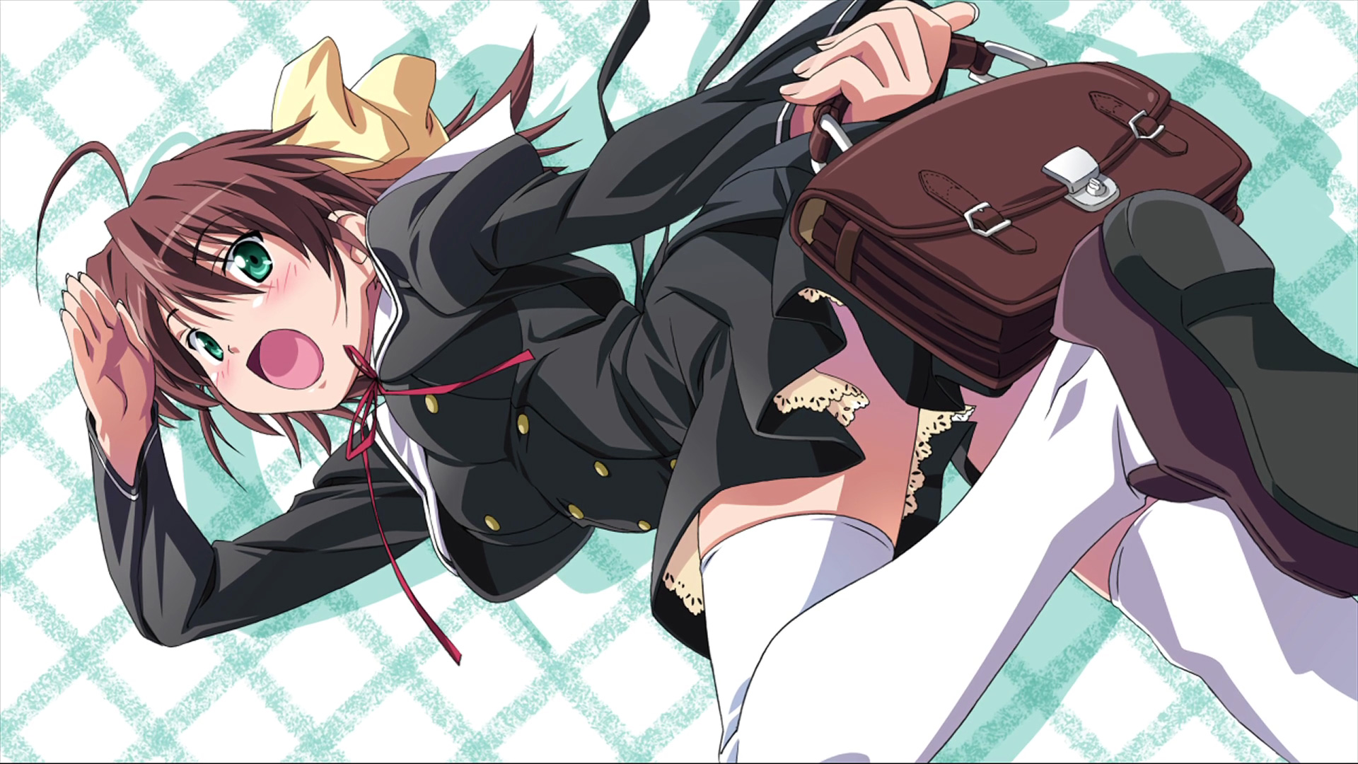 kuuchuu yousai, miyamura miyako, ef (visual novel), end card, highres, 00s, 1girl, bag, female focus, school uniform, shoes, solo, thighhighs