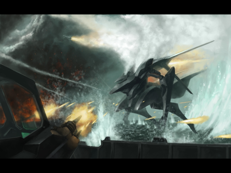 mozuo, armored core, fromsoftware, fire, firing, gun, letterboxed, mecha, robot, rocket, water, weapon