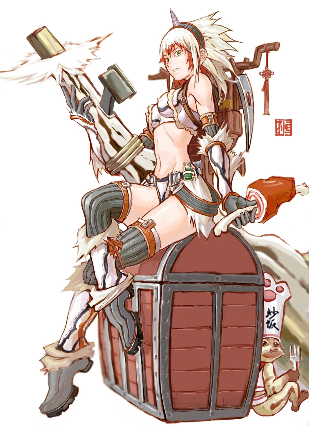sanzhuangwangcat, felyne, capcom, monster hunter (series), highres, 1girl, boots, chef hat, detached sleeves, elbow gloves, female focus, gloves, hairband, hat, horns, kirin (armor), midriff, orange hair, single horn, solo, thighhighs, treasure chest, white hair, wig
