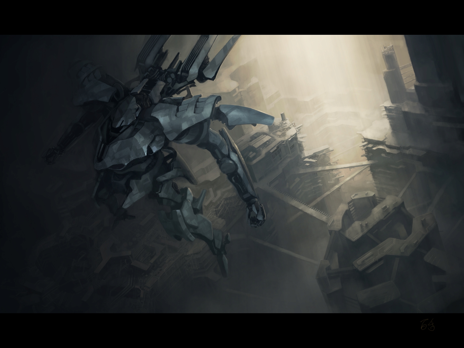 mozuo, highres, tagme, bridge, city, flying, letterboxed, mecha, robot
