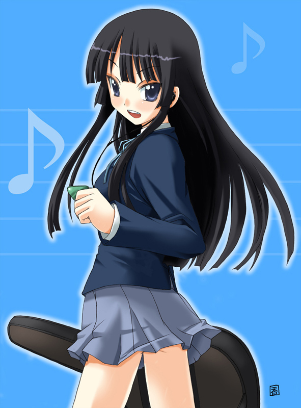 yano takumi, akiyama mio, k-on!, 00s, 1girl, bass guitar, black hair, blue eyes, blunt bangs, female focus, guitar case, hime cut, instrument, instrument case, long hair, looking back, musical note, open mouth, school uniform, skirt, solo