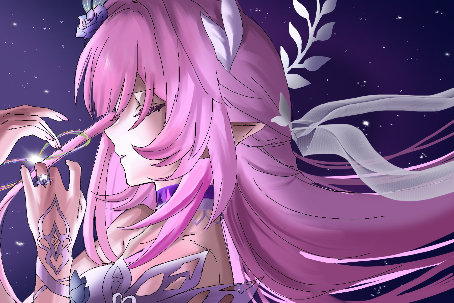 cyrene (honkai: star rail), cyrene (ripples of past reverie) (honkai: star rail), honkai: star rail, honkai (series), commentary, english commentary, highres, 1girl, bare shoulders, breasts, closed eyes, dress, halo, jewelry, long hair, medium breasts, parted lips, pink hair, pointy ears, rennble, ring, sky, solo, star (sky), starry sky, upper body, very long hair, wedding ring, white dress