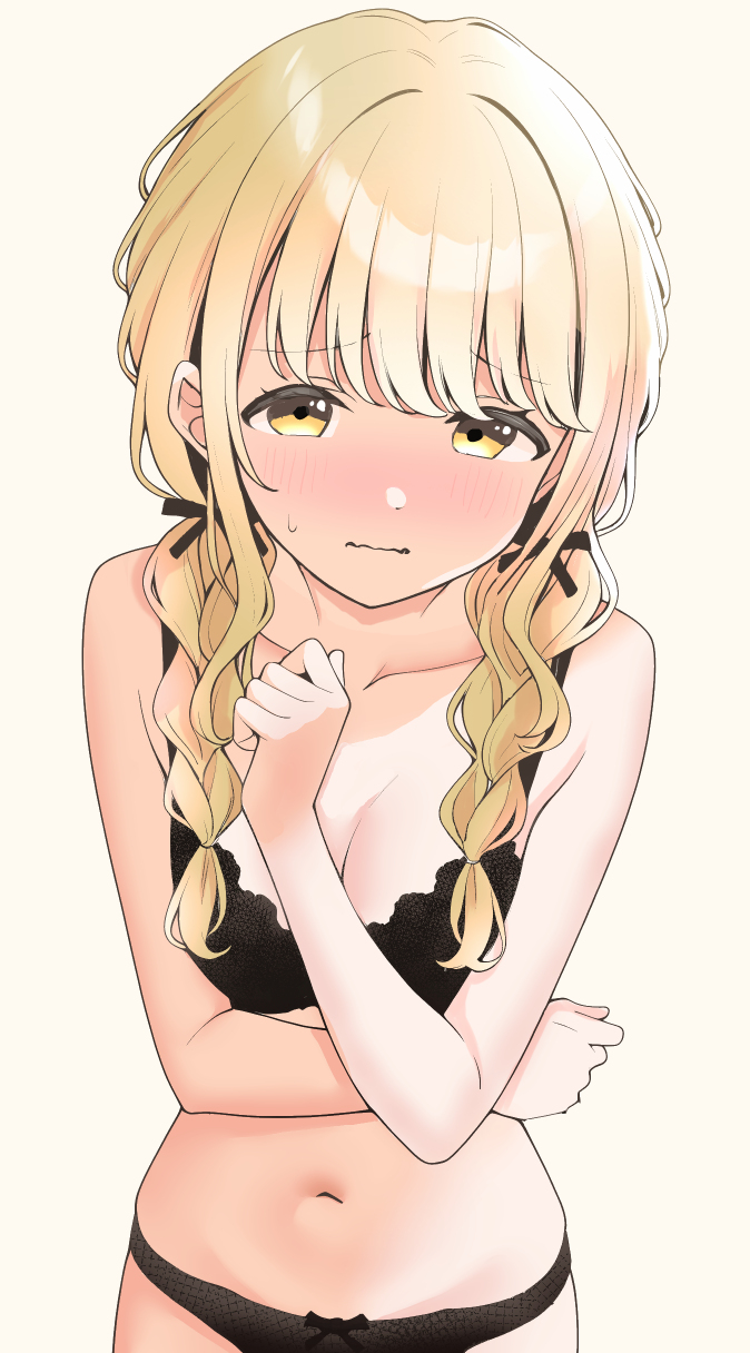 owatatsutake, fujita kotone, gakuen idolmaster, idolmaster, commentary request, highres, 1girl, black bra, black panties, black ribbon, blonde hair, blush, bow, bow panties, bra, braid, breasts, cleavage, collarbone, furrowed brow, hair ribbon, long hair, looking at viewer, medium breasts, navel, nose blush, panties, ribbon, simple background, solo, stomach, sweatdrop, twin braids, underwear, underwear only, white background, yellow eyes