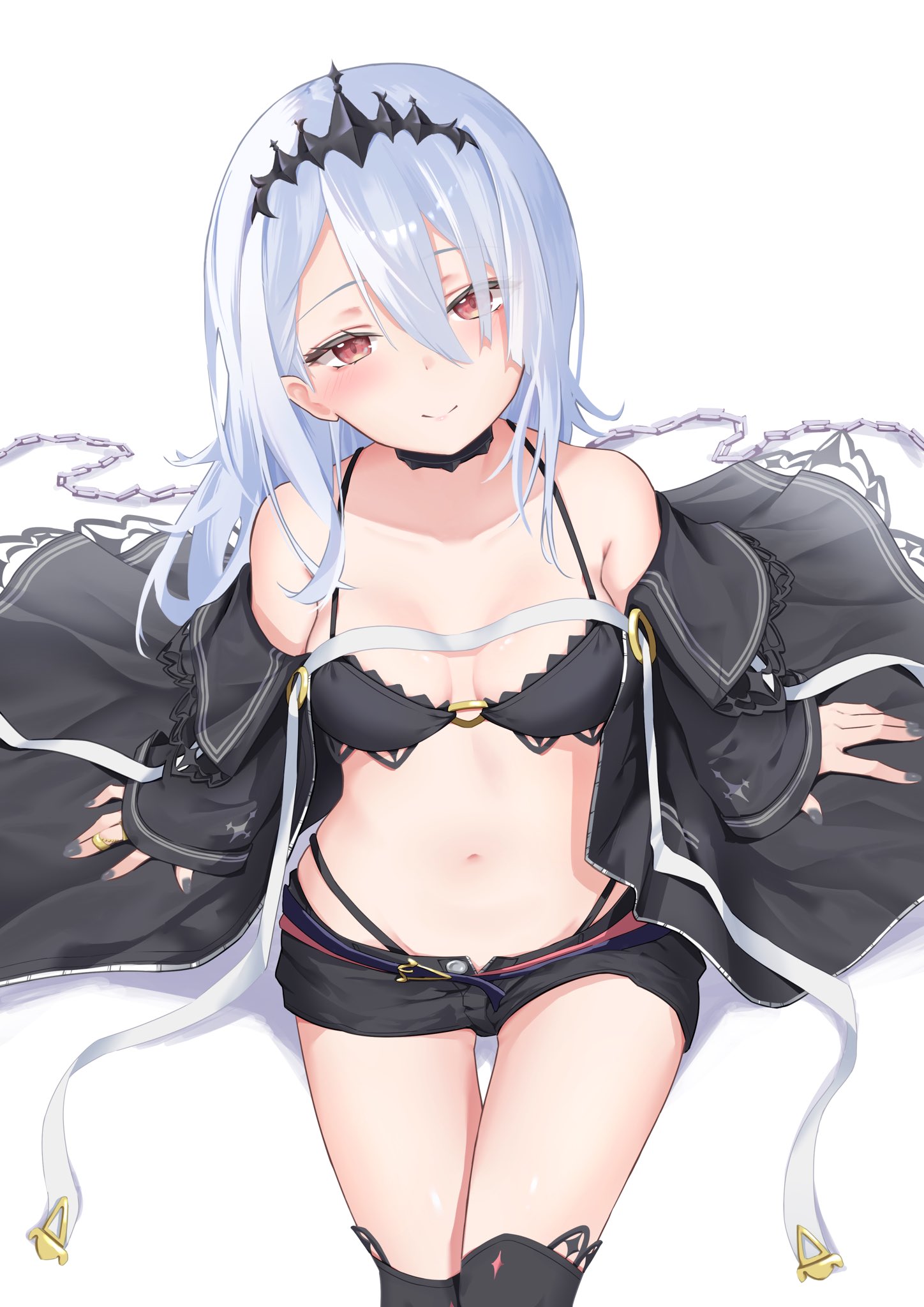 sumeragi setsuna, ongeki, highres, 1girl, arm support, bare shoulders, bikini, black jacket, black shorts, blush, breasts, choker, closed mouth, collarbone, eyewear on head, hair between eyes, jacket, kinakollll, long hair, long sleeves, looking at viewer, navel, open clothes, open fly, red eyes, short shorts, shorts, sitting, small breasts, smile, solo, stomach, swimsuit, thighhighs, thighs, white background