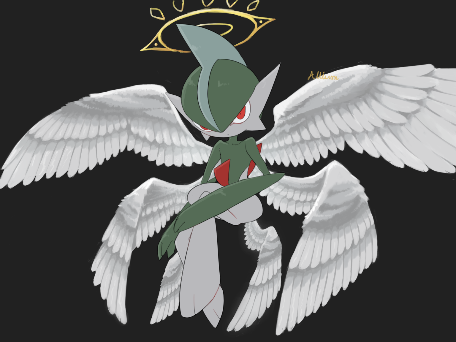 ariumu, gallade, nintendo, pokemon, commentary, 1other, arm blade, artist name, black background, colored skin, facing to the side, feathered wings, gen 4 pokemon, green hair, hair between eyes, halo, hands on own legs, huddle, hugging own legs, knees up, looking ahead, mohawk, multicolored skin, multiple wings, outline, pokemon (creature), pokemon focus, red eyes, solo, two-tone skin, weapon, white wings, wide hips, wings, yellow halo, yellow outline