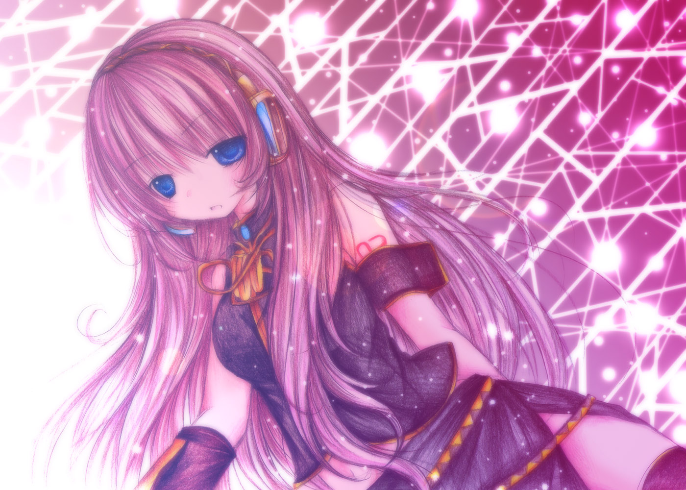 kasuga sunao, megurine luka, vocaloid, light, bad id, bad pixiv id, 1girl, blue eyes, female focus, long hair, pink hair, solo, thighhighs, very long hair