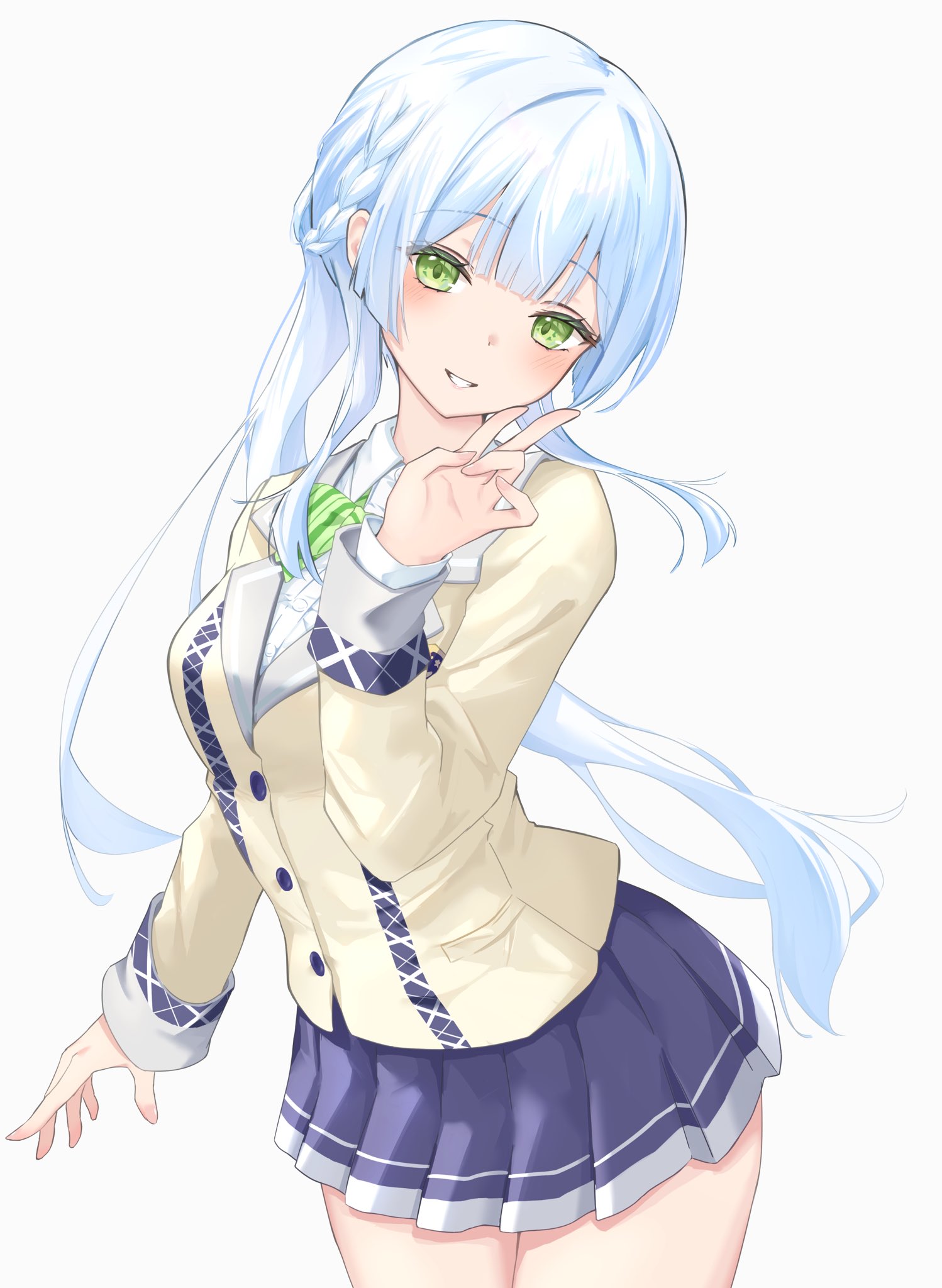 kashiwagi saki, ongeki, highres, 1girl, blue hair, blush, bow, braid, green eyes, grin, jacket, kinakollll, long hair, long sleeves, looking at viewer, parted lips, pleated skirt, school uniform, skirt, smile, solo, striped background