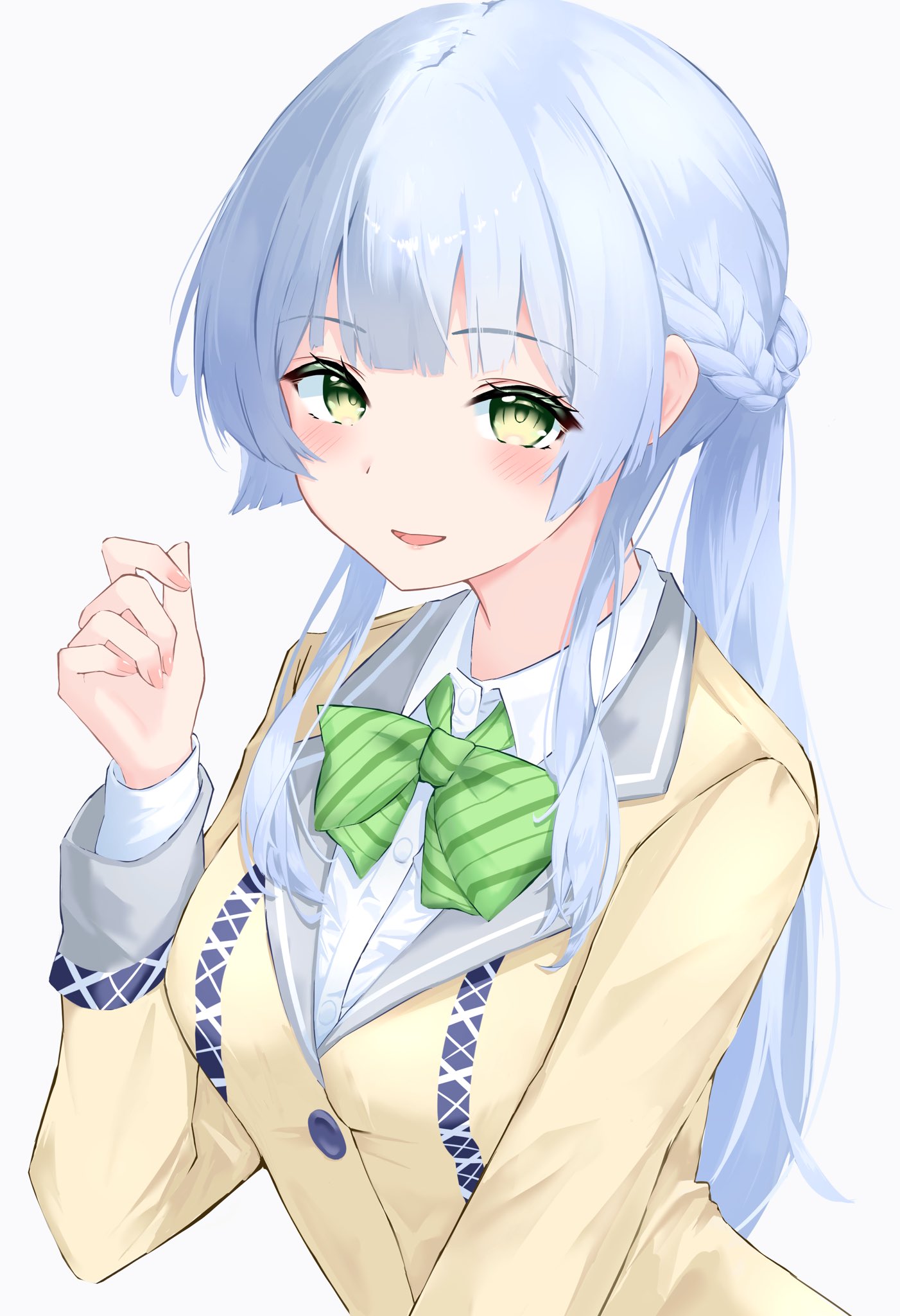 kashiwagi saki, ongeki, highres, 1girl, blue hair, blush, bow, braid, cardigan, collared shirt, green eyes, jacket, kinakollll, long hair, long sleeves, open mouth, school uniform, shirt, smile, solo, striped background, upper body, white shirt