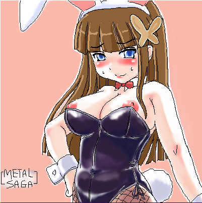 iris.exe (mega man), capcom, mega man (series), mega man battle network, metal saga, aliasing, lowres, 00s, 1girl, animal ears, bare shoulders, blue eyes, blush, breasts, brown hair, covered erect nipples, fake animal ears, female focus, fishnet pantyhose, fishnets, hand on own hip, large breasts, long hair, nipple slip, nipples, pantyhose, playboy bunny, rabbit ears, rabbit tail, simple background, solo, sweat, tail, wrist cuffs