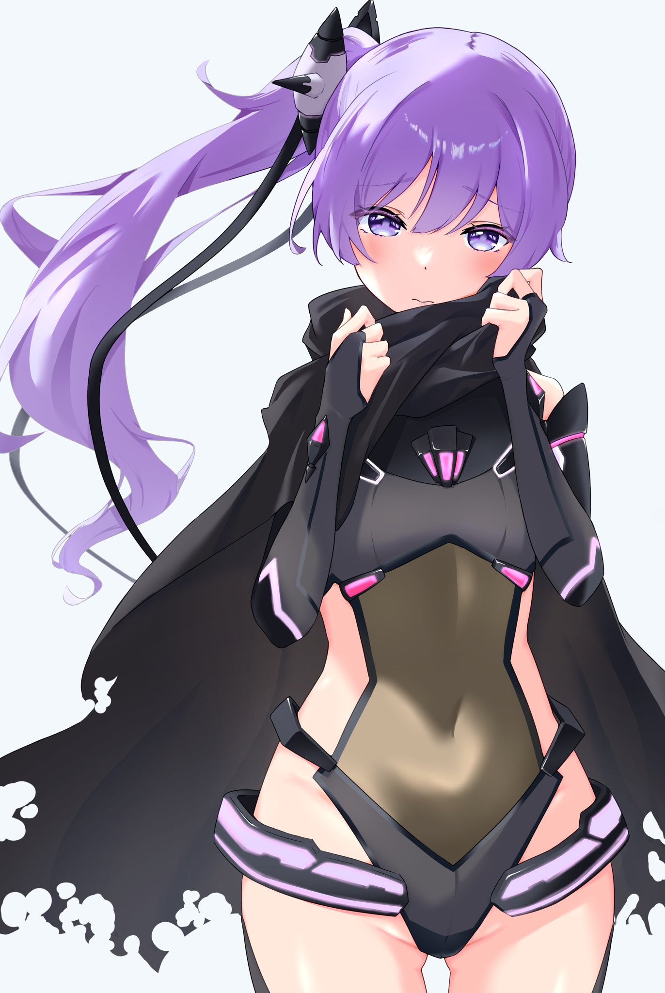 takase rio, ongeki, highres, 1girl, black cape, blush, breasts, cape, closed mouth, covered navel, cowboy shot, gluteal fold, grey background, kinakollll, leotard, long hair, looking at viewer, purple eyes, purple hair, ribbon, small breasts, solo, striped background, very long hair