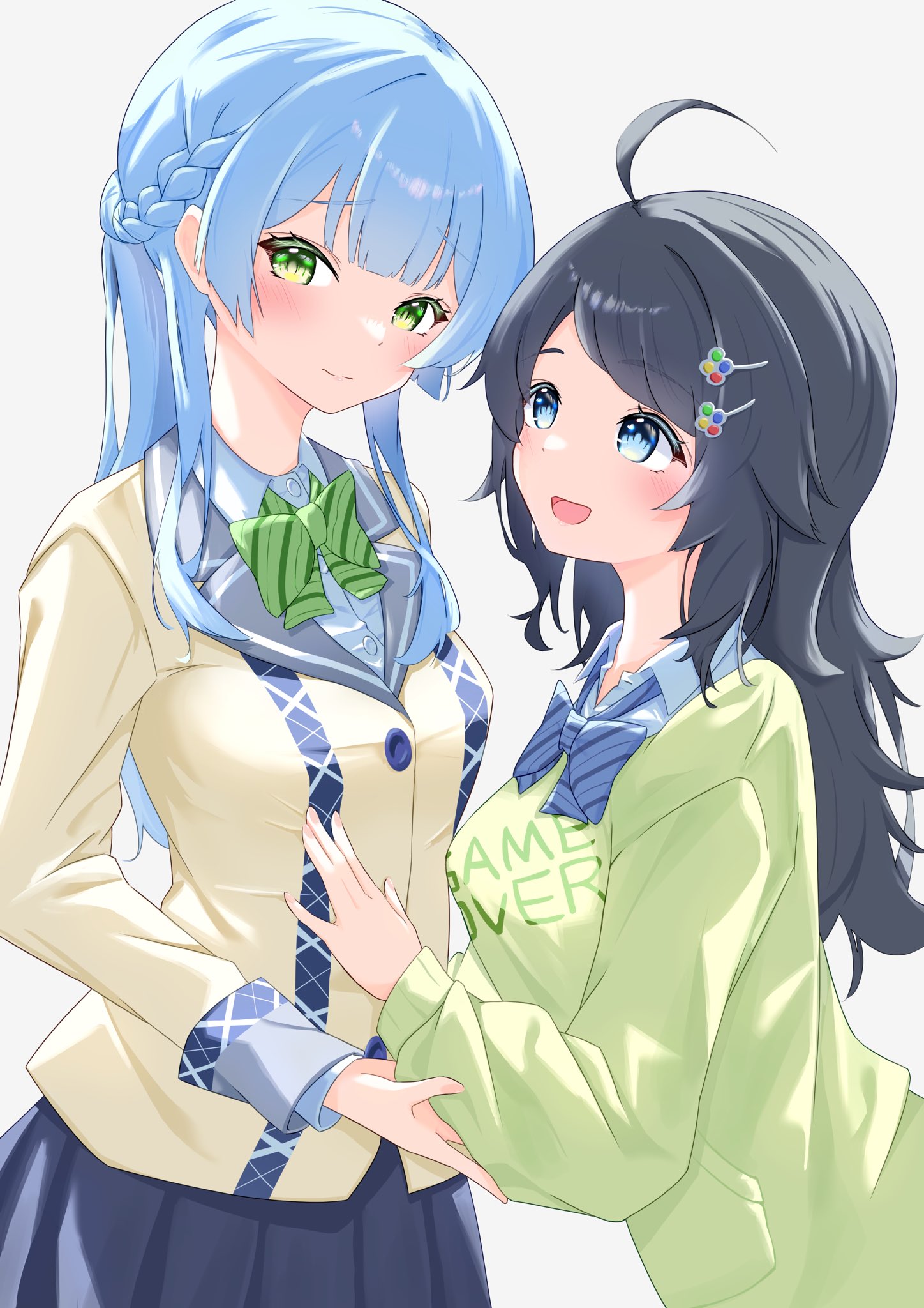 inohara koboshi, kashiwagi saki, ongeki, highres, 2girls, :d, ahoge, black hair, blue eyes, blue hair, blue skirt, blush, bow, braid, closed mouth, collared shirt, green eyes, hair ornament, jacket, kinakollll, long hair, long sleeves, multiple girls, open mouth, pleated skirt, school uniform, shirt, skirt, smile, striped background, striped bow, very long hair, virtual youtuber, white shirt