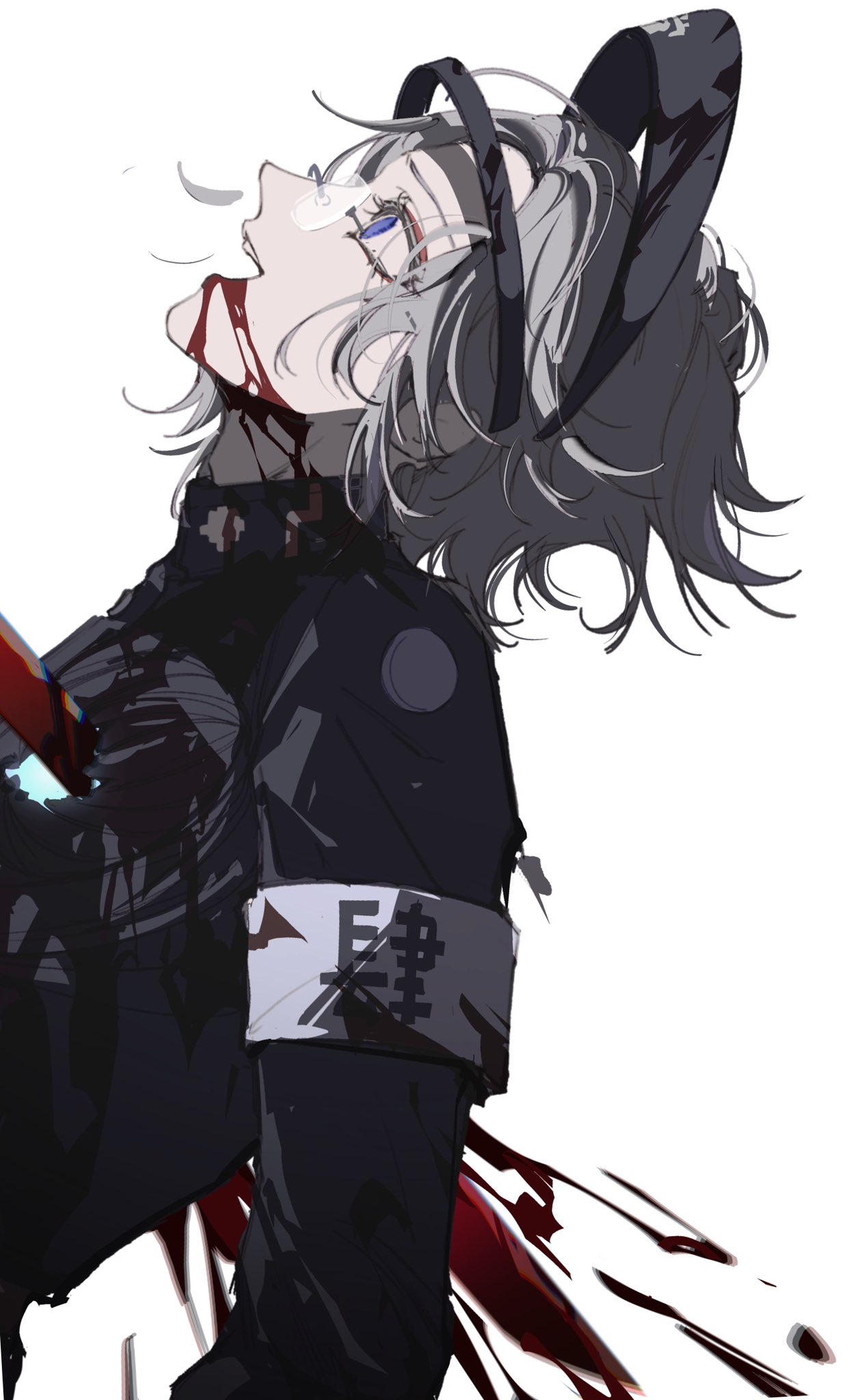 accookie, aotsuki eito, the hundred line -last defense academy-, highres, spoilers, 1boy, :d, armband, black jacket, blood, blood from mouth, blood on clothes, death, from side, gakuran, glasses, grey hair, headgear, impaled, jacket, last defense academy school uniform, looking up, male focus, open mouth, purple eyes, school uniform, short hair, simple background, smile, solo, sword, teeth, upper teeth only, weapon, white armband, white background