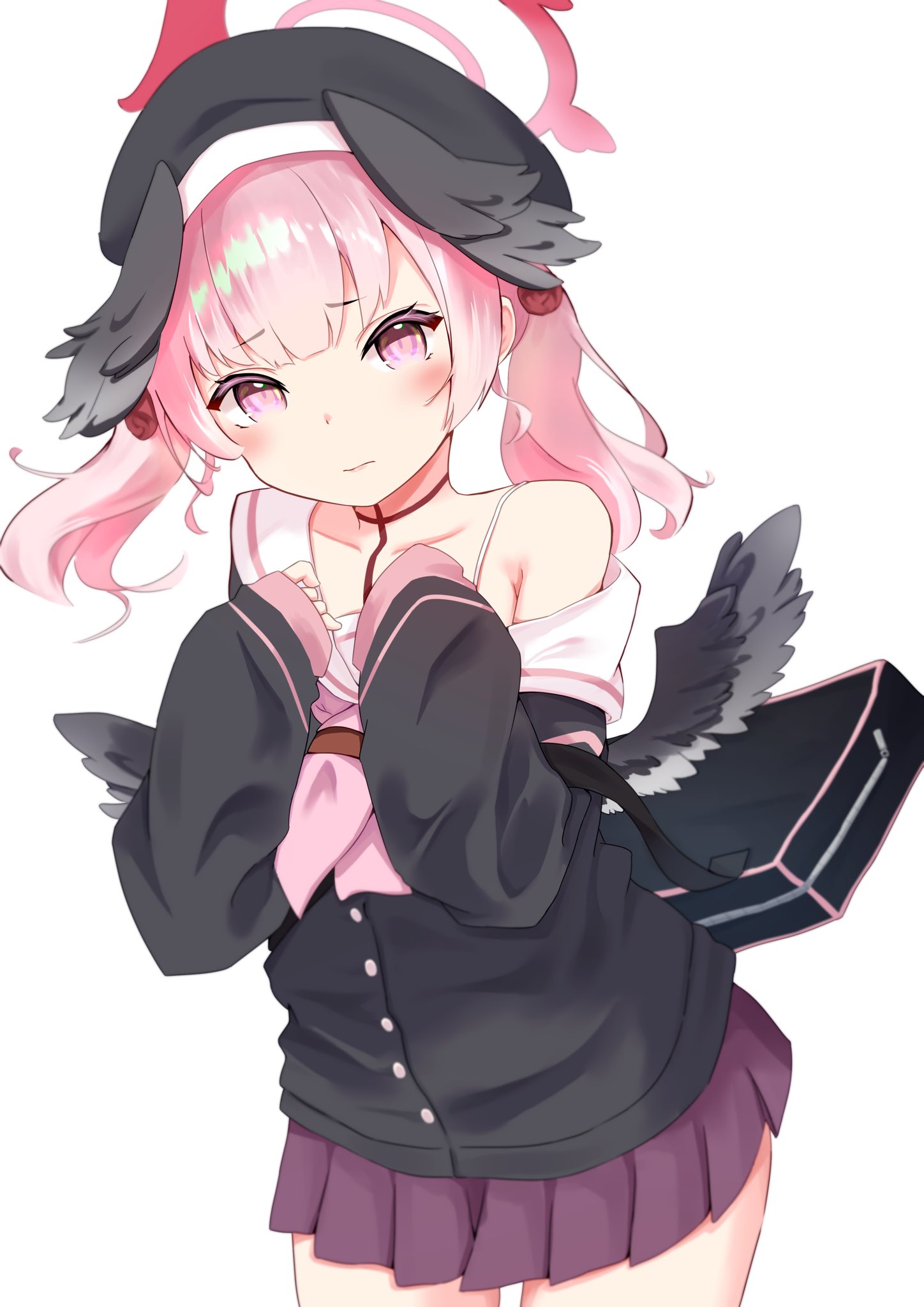 koharu (blue archive), blue archive, highres, 1girl, bare shoulders, black choker, black wings, blush, choker, closed mouth, collarbone, feathered wings, halo, kinakollll, long hair, long sleeves, looking at viewer, off shoulder, pink hair, pleated skirt, school uniform, sidelocks, skirt, sleeves past fingers, sleeves past wrists, solo, striped background, twintails, white background, wings