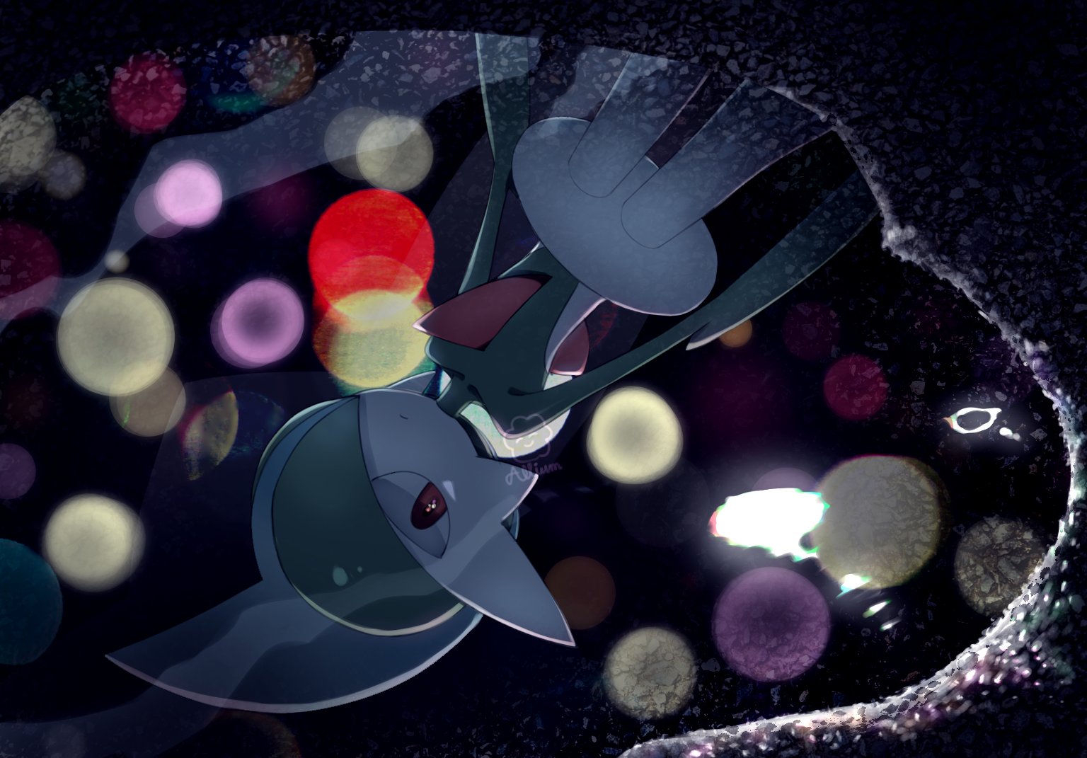 ariumu, gallade, nintendo, pokemon, commentary, 1other, arm blade, arms at sides, black sky, colored skin, concrete, dappled moonlight, gen 4 pokemon, green hair, hair between eyes, lamppost, light particles, looking at reflection, looking down, mohawk, moonlight, multicolored skin, night, night sky, outdoors, pokemon (creature), pokemon focus, puddle, red eyes, reflection, reflective water, sky, solo, two-tone skin, watermark, weapon, wide hips