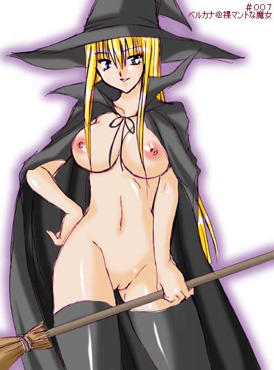 berkana (mega man), capcom, mega man (series), mega man x (series), artist request, 1girl, black thighhighs, blonde hair, blue eyes, breasts, broom, cape, cleft of venus, female focus, hand on own hip, hat, large breasts, long hair, naked cape, nipples, pussy, solo, thighhighs, uncensored, witch hat