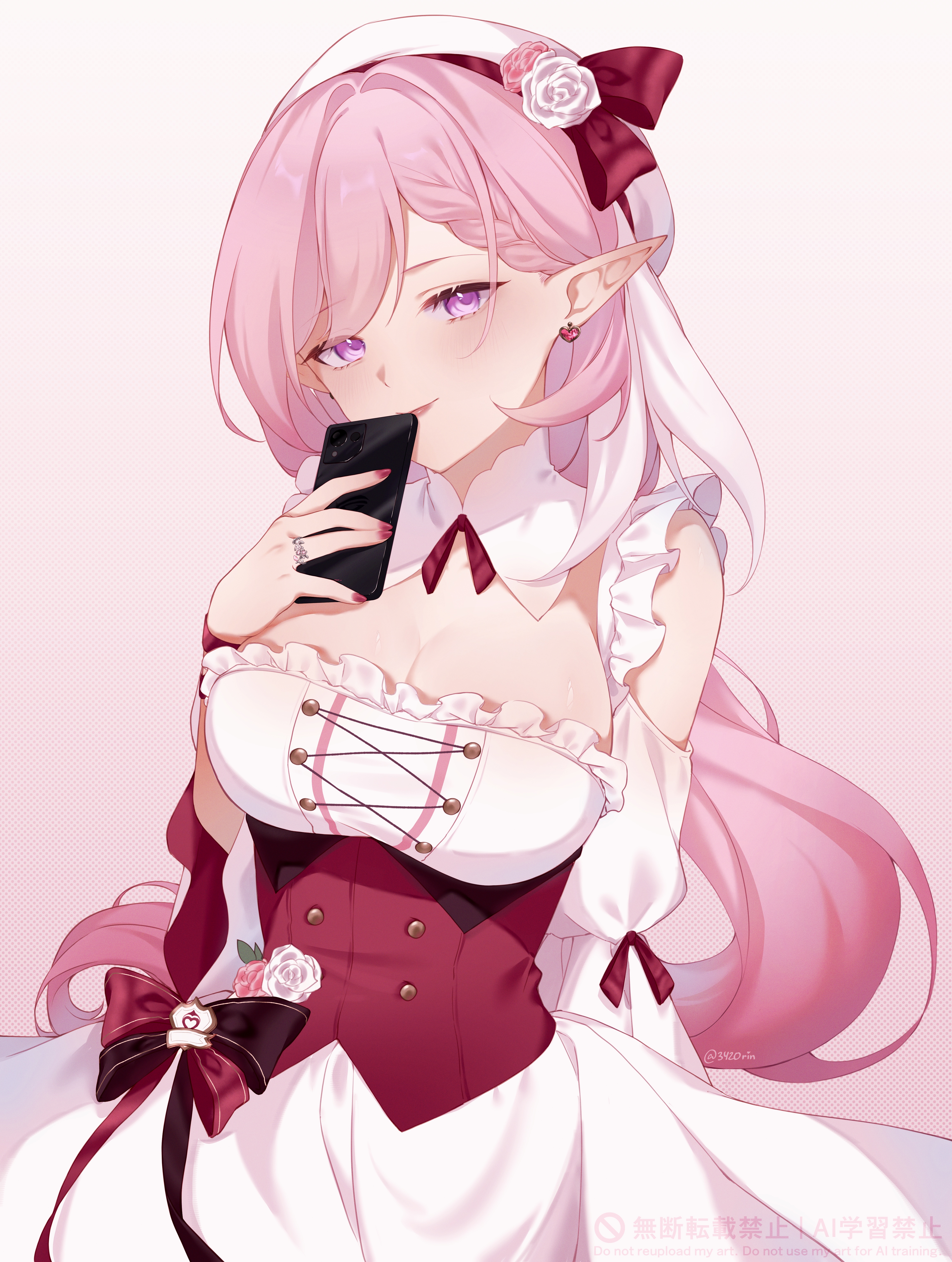 rin (bakariiin), elysia (hi love elf) (honkai impact), elysia (honkai impact), honkai (series), honkai impact 3rd, absurdres, commentary, highres, 1girl, alternate costume, bodice, bow, braid, braided bangs, breasts, cellphone, closed mouth, cowboy shot, dress, earrings, fingernails, hair bow, hat, heart, heart earrings, holding, holding phone, jewelry, large breasts, light blush, long hair, looking at viewer, nail polish, phone, pink background, pink bow, pink hair, pink nails, pointy ears, purple eyes, ring, simple background, smartphone, solo, twitter username, very long hair, watermark, white dress, white hat