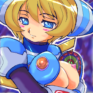 cinnamon gaudille, capcom, mega man (series), mega man x: command mission, mega man x (series), lowres, 1girl, blonde hair, blue eyes, blush, blush stickers, breasts, covered erect nipples, female focus, nipples, solo