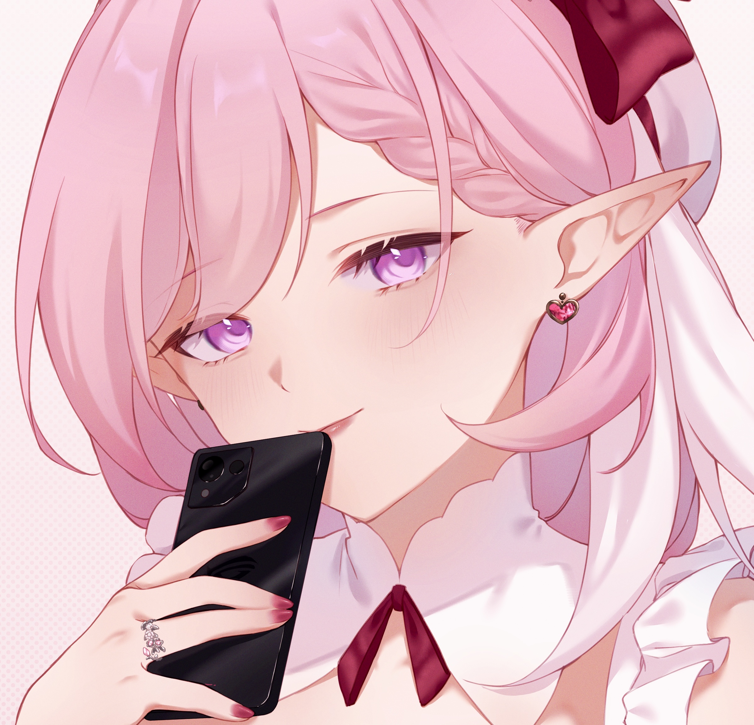rin (bakariiin), elysia (hi love elf) (honkai impact), elysia (honkai impact), honkai (series), honkai impact 3rd, commentary, highres, 1girl, alternate costume, bow, braid, braided bangs, cellphone, closed mouth, earrings, fingernails, hair bow, hat, heart, heart earrings, holding, holding phone, jewelry, light blush, long hair, looking at viewer, nail polish, phone, pink background, pink bow, pink hair, pink nails, pointy ears, portrait, purple eyes, ring, simple background, smartphone, solo, white hat