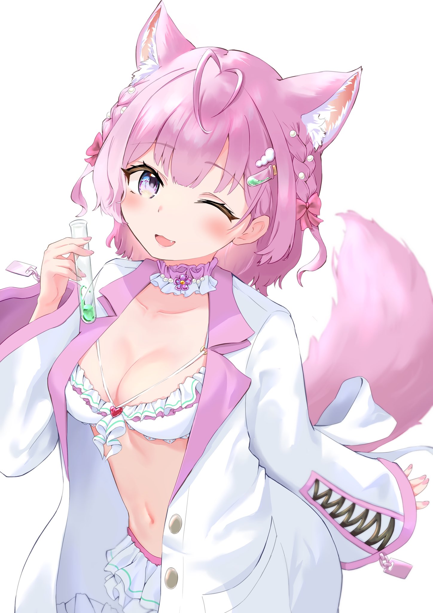 hakui koyori, hakui koyori (summer), hololive, highres, 1girl, ;d, ahoge, animal ear fluff, animal ears, blush, bow, bra, breasts, cleavage, collarbone, frills, hair ornament, hairclip, jacket, kinakollll, long sleeves, looking at viewer, medium breasts, navel, one eye closed, open clothes, open mouth, pink hair, short hair, smile, solo, tail, underwear, white jacket