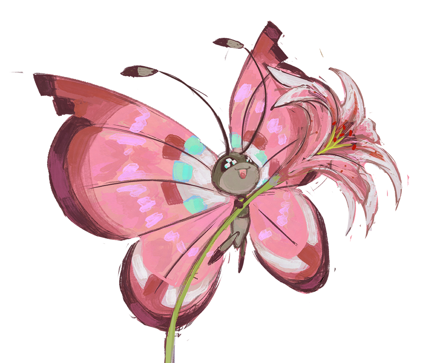 dietranch, vivillon, vivillon (meadow), nintendo, pokemon, :o, flower, gen 6 pokemon, no humans, pokemon (creature), simple background, white background