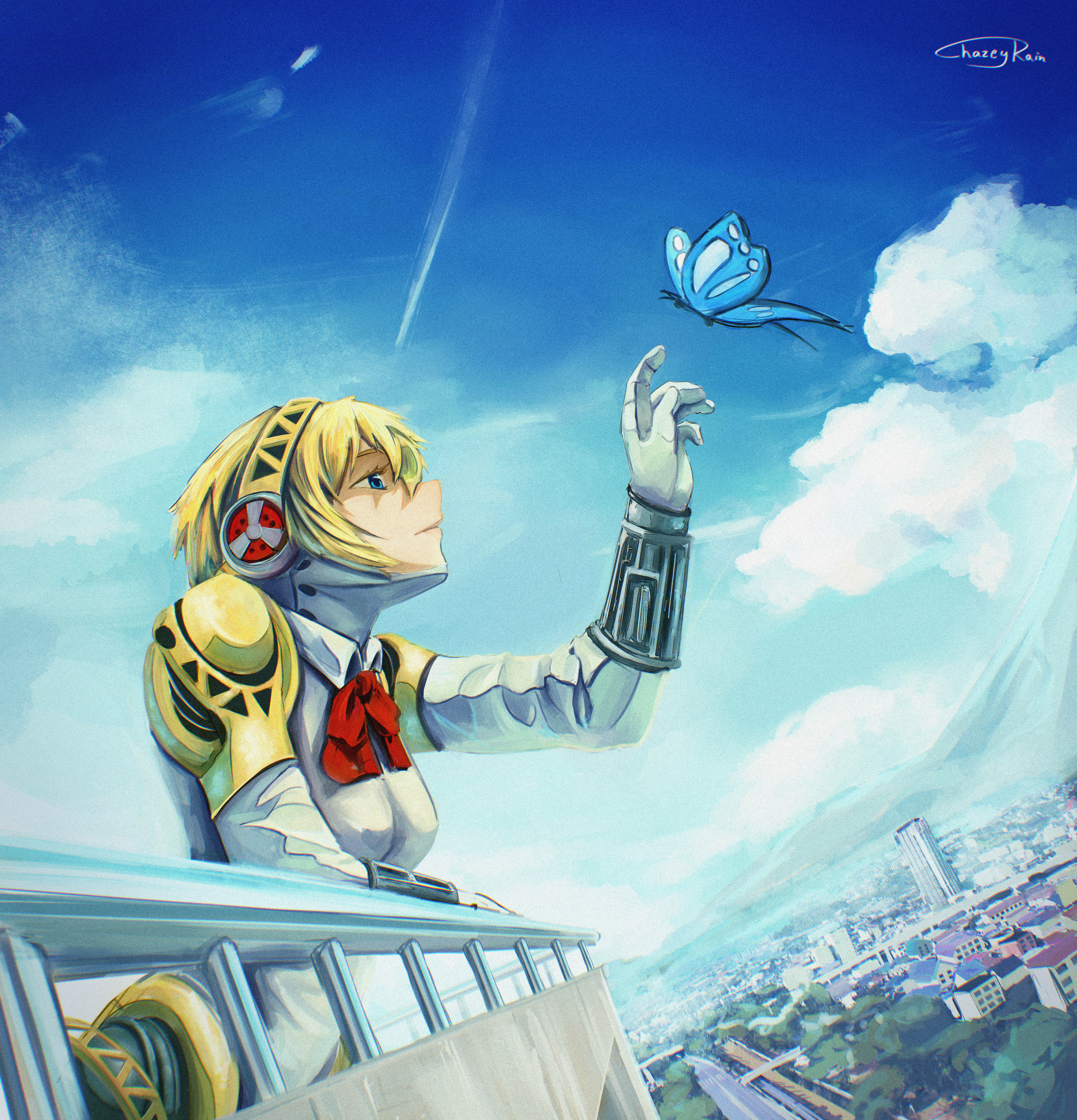 chazeyrain, aigis (persona), persona, persona 3, absurdres, highres, blonde hair, blue eyes, blue sky, bug, butterfly, cloud, cloudy sky, insect, mechanical arms, robot, rooftop, sky