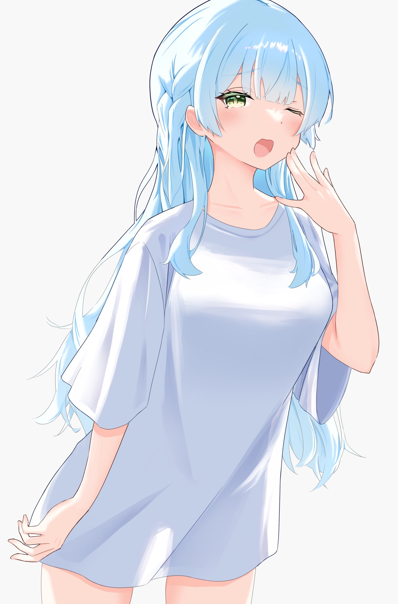 kashiwagi saki, ongeki, highres, 1girl, blue hair, blush, breasts, collarbone, green eyes, kinakollll, long hair, looking at viewer, one eye closed, open mouth, shirt, short sleeves, solo, striped background, striped clothes, striped shirt, very long hair, yawning
