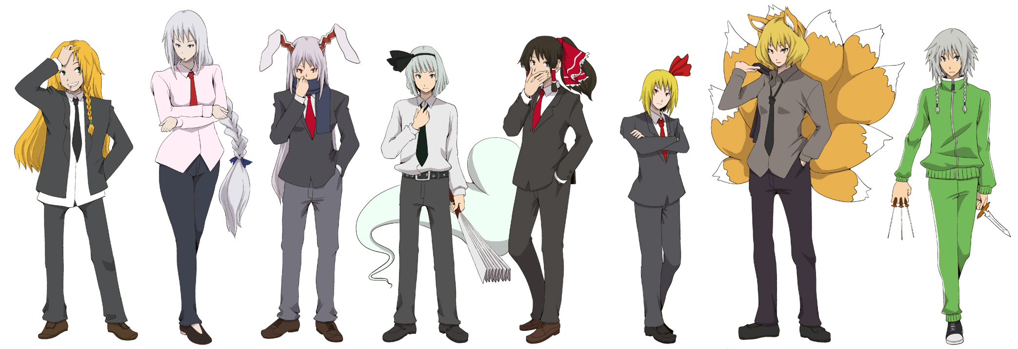 kishiinu, hakurei reimu, izayoi sakuya, kirisame marisa, konpaku youmu, konpaku youmu (ghost), reisen udongein inaba, rumia, yagokoro eirin, yakumo ran, ghost in the shell, ghost in the shell: stand alone complex, perfect cherry blossom, shoot the bullet, touhou, silver hair, highres, long image, wide image, 6+girls, alternate costume, animal ears, black hair, blonde hair, blue eyes, bow, braid, business suit, cigarette, contemporary, female focus, formal clothes, fox ears, fox tail, ghost, ghost in the shell lineup, hair bow, hair ribbon, hairband, hand fan, harisen, hitodama, kitsune, knife, kyuubi, lineup, long hair, long sleeves, multiple girls, multiple tails, necktie, no headwear, pant suit, pants, parody, ponytail, purple hair, rabbit ears, red eyes, ribbon, scarf, shoes, short hair, side braid, suit, tail, throwing knife, track suit, twin braids, weapon, white background, yellow eyes