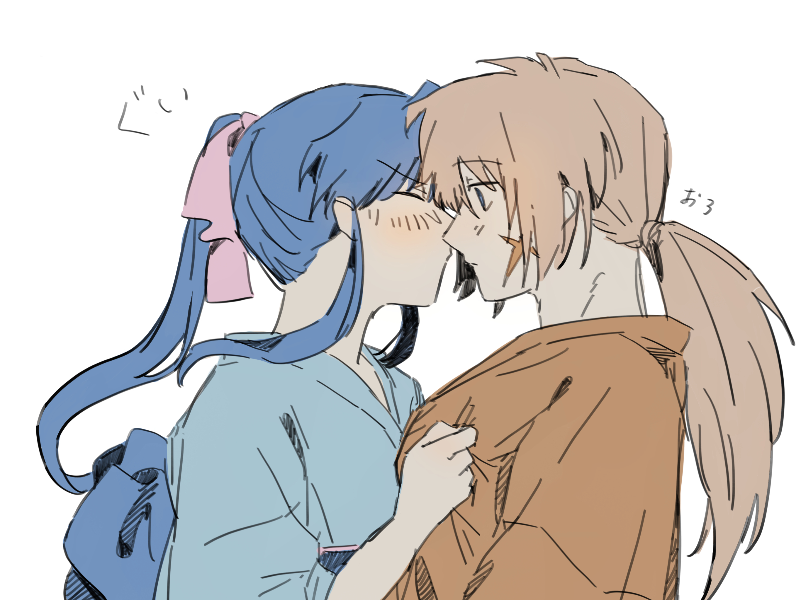 himura kenshin, kamiya kaoru, rurouni kenshin, commentary request, highres, translation request, 1boy, 1girl, blue hair, blue kimono, blush, closed eyes, couple, cross scar, facial scar, from side, hair ribbon, hetero, high ponytail, imminent kiss, japanese clothes, kimono, long hair, looking at another, low ponytail, nasubi (user agpx4547), orange hair, pink ribbon, ponytail, profile, red kimono, ribbon, sash, scar, scar on cheek, scar on face, sidelocks, simple background, white background