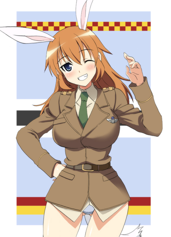 kyogoku shin, charlotte e. yeager, strike witches, world witches series, bad id, bad pixiv id, 00s, 1girl, animal ears, female focus, green necktie, grin, hand on own hip, necktie, one eye closed, panties, rabbit ears, rabbit girl, rabbit tail, smile, solo, underwear, wink