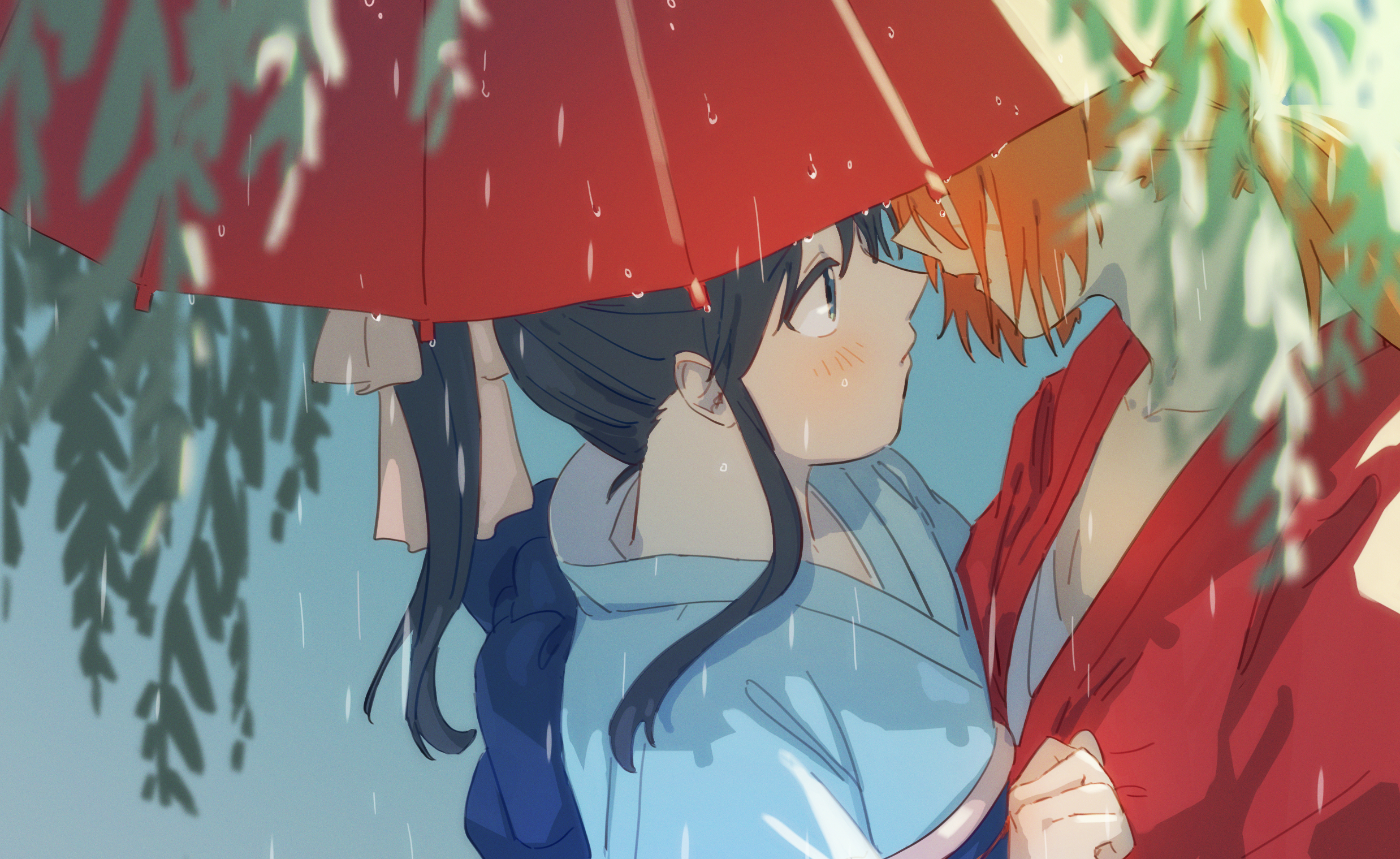 himura kenshin, kamiya kaoru, rurouni kenshin, commentary request, highres, 1boy, 1girl, black hair, blue kimono, blurry, blurry foreground, blush, branch, couple, from above, from side, hair ribbon, high ponytail, japanese clothes, kimono, leaf, long hair, looking at another, nasubi (user agpx4547), oil-paper umbrella, orange hair, outdoors, pink ribbon, ponytail, profile, rain, red kimono, ribbon, sash, shared umbrella, sidelocks, umbrella, upper body