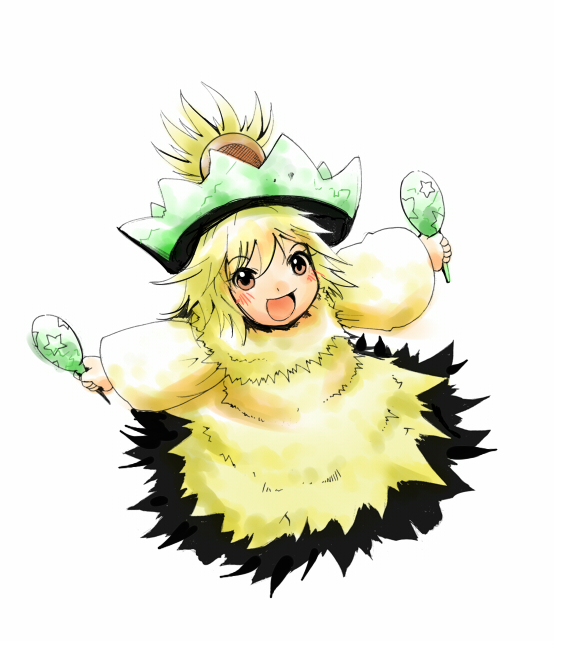 rairoma, ludicolo, nintendo, pokemon, 1girl, :d, blonde hair, blush, brown eyes, dress, gen 3 pokemon, holding, holding instrument, holding maracas, instrument, long dress, looking at viewer, maracas, open mouth, personification, simple background, smile, solo, white background