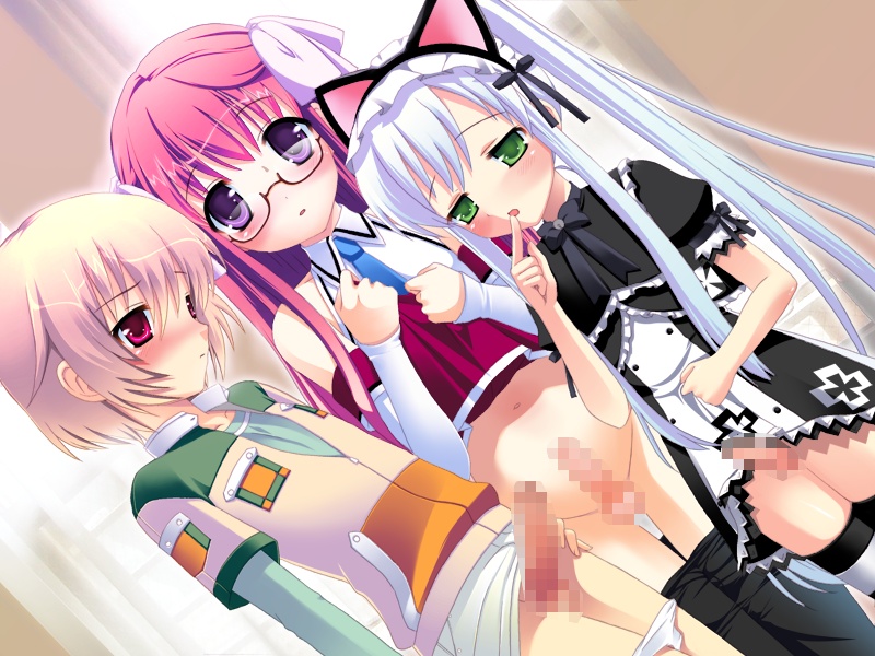 tendouin madoka, tendouin ui, tendouin yu, pure my imouto milk purun, black legwear, silver hair, white legwear, game cg, 3boys, androgynous, animal ears, black pantyhose, blonde hair, blush, cat boy, cat ears, censored, clothes lift, clothes pull, crossdressing, crossdressing (mtf), dress, dress lift, erection, glasses, green eyes, long hair, male focus, mosaic censoring, multiple boys, panties, panty pull, pantyhose, pantyhose pull, penis, purple eyes, red eyes, red hair, short hair, shota, skirt, skirt lift, thigh gap, thighhighs, trap, twintails, underwear, white panties, yaoi