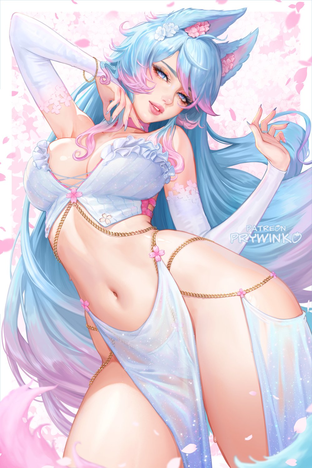 prywinko, silvervale, white top, highres, 1girl, animal ears, blue eyes, blue hair, blue nails, bracelet, breasts, chain, cleavage, detached sleeves, fingernails, flower, fox ears, fox tail, frills, gold chain, hair flower, hair ornament, jewelry, large breasts, lips, loincloth, multicolored hair, panties, patreon username, petals, pink hair, see-through clothes, sharp fingernails, strapless, tail, thighs, tube top, two-tone hair, underwear, watermark, white panties, white tube top