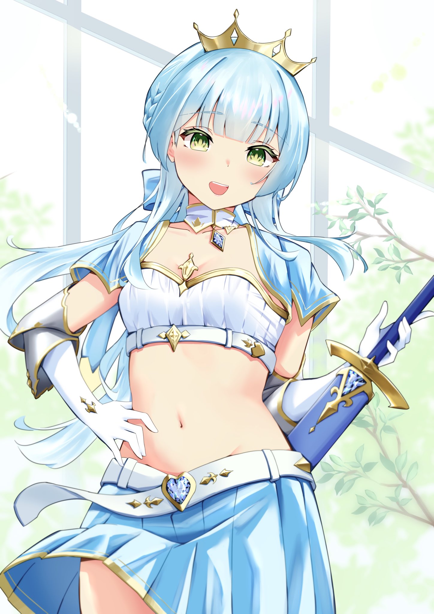 kashiwagi saki, ongeki, highres, 1girl, :d, belt, blue hair, blush, breasts, cleavage, cowboy shot, crown, gloves, green eyes, hand on own hip, kinakollll, long hair, looking at viewer, medium breasts, midriff, miniskirt, navel, open mouth, pleated skirt, skirt, small breasts, smile, solo, sword, weapon, white gloves