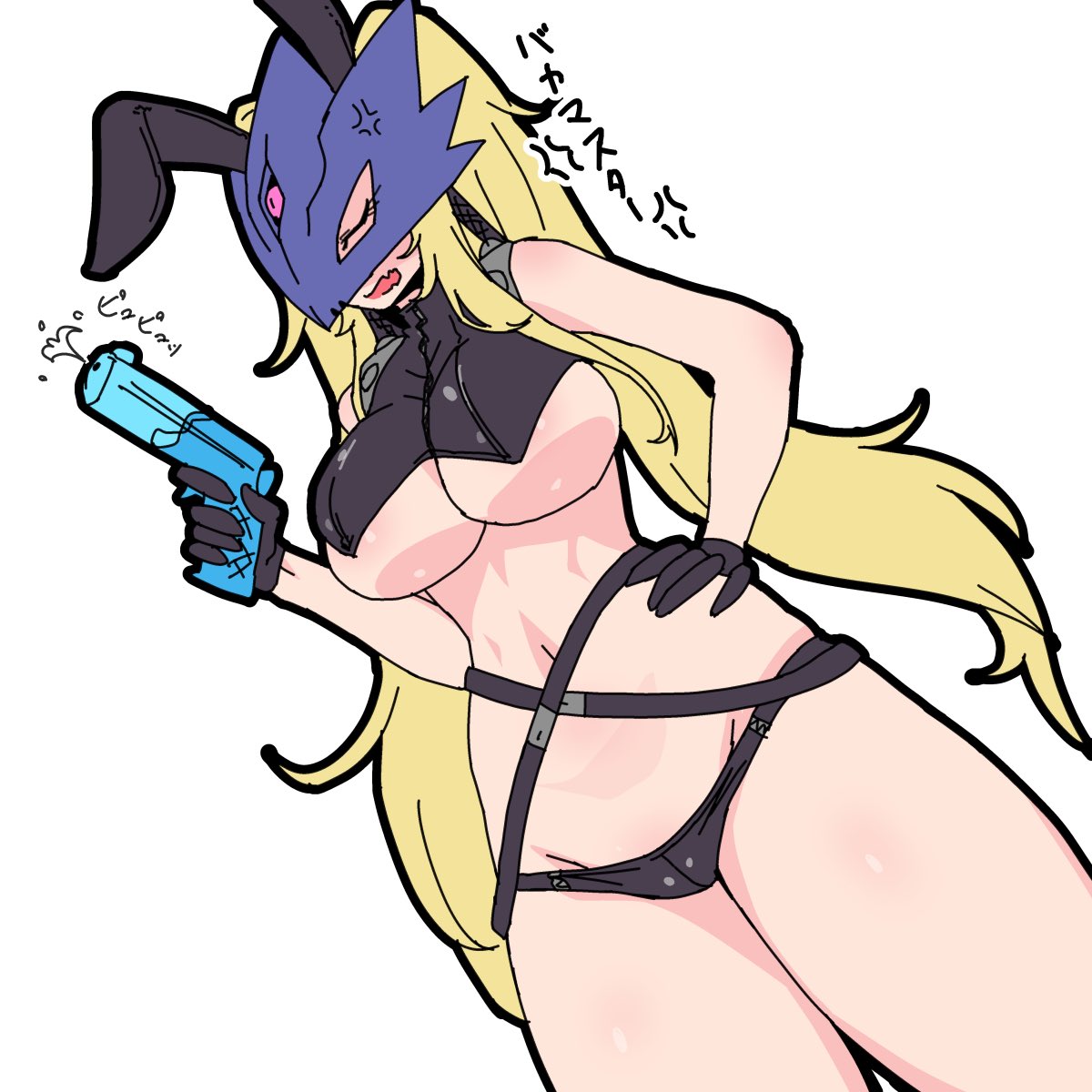 gerusyu, beelstarmon, digimon, 1girl, anger vein, animal ears, annoyed, blonde hair, breasts, closed eyes, digimon (creature), fake animal ears, fake bunny ears, female focus, hand on own hip, holding, holding water gun, holding weapon, japanese text, large breasts, long hair, mask, open mouth, shiny skin, simple background, solo, solo focus, standing, thighs, third eye, underboob, water gun, weapon, white background