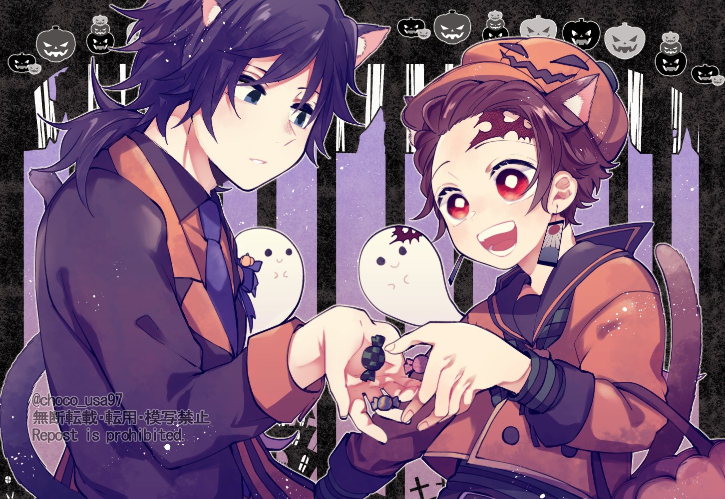 aoi choko (aoichoco), kamado tanjirou, tomioka giyuu, kimetsu no yaiba, 2boys, animal ears, black jacket, blue eyes, bright pupils, buttons, cat boy, cat ears, cat tail, english text, food, ghost, halloween costume, hat, jacket, male focus, multiple boys, open mouth, orange hat, orange jacket, parted lips, pumpkin, pumpkin hat, red eyes, smile, sweets, tail, teeth, watermark, white pupils