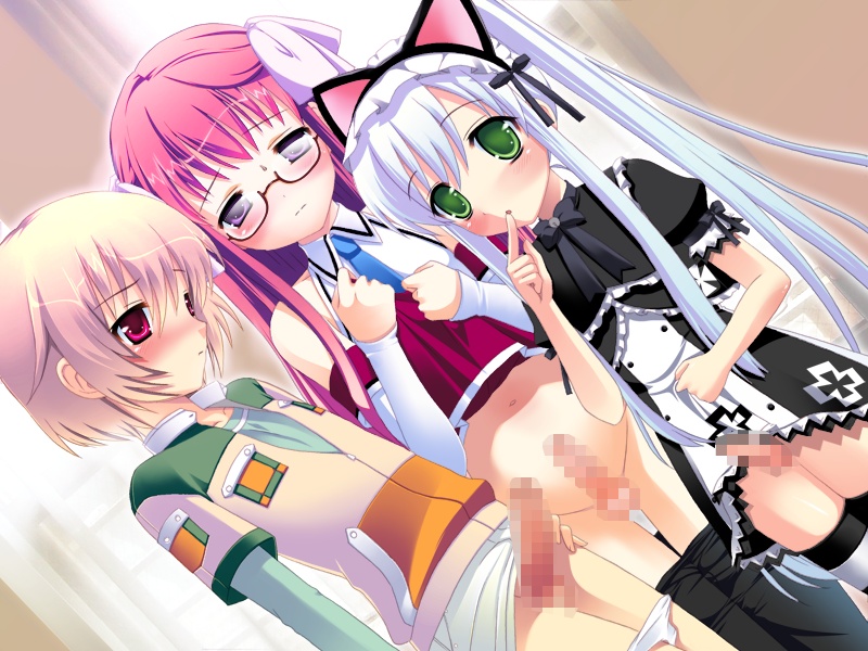 tendouin madoka, tendouin ui, tendouin yu, pure my imouto milk purun, silver hair, game cg, 3boys, androgynous, black pantyhose, blonde hair, blush, censored, clothes pull, crossdressing, crossdressing (mtf), glasses, green eyes, long hair, male focus, mosaic censoring, multiple boys, pantyhose, pantyhose pull, penis, purple eyes, red eyes, red hair, shota, trap, yaoi