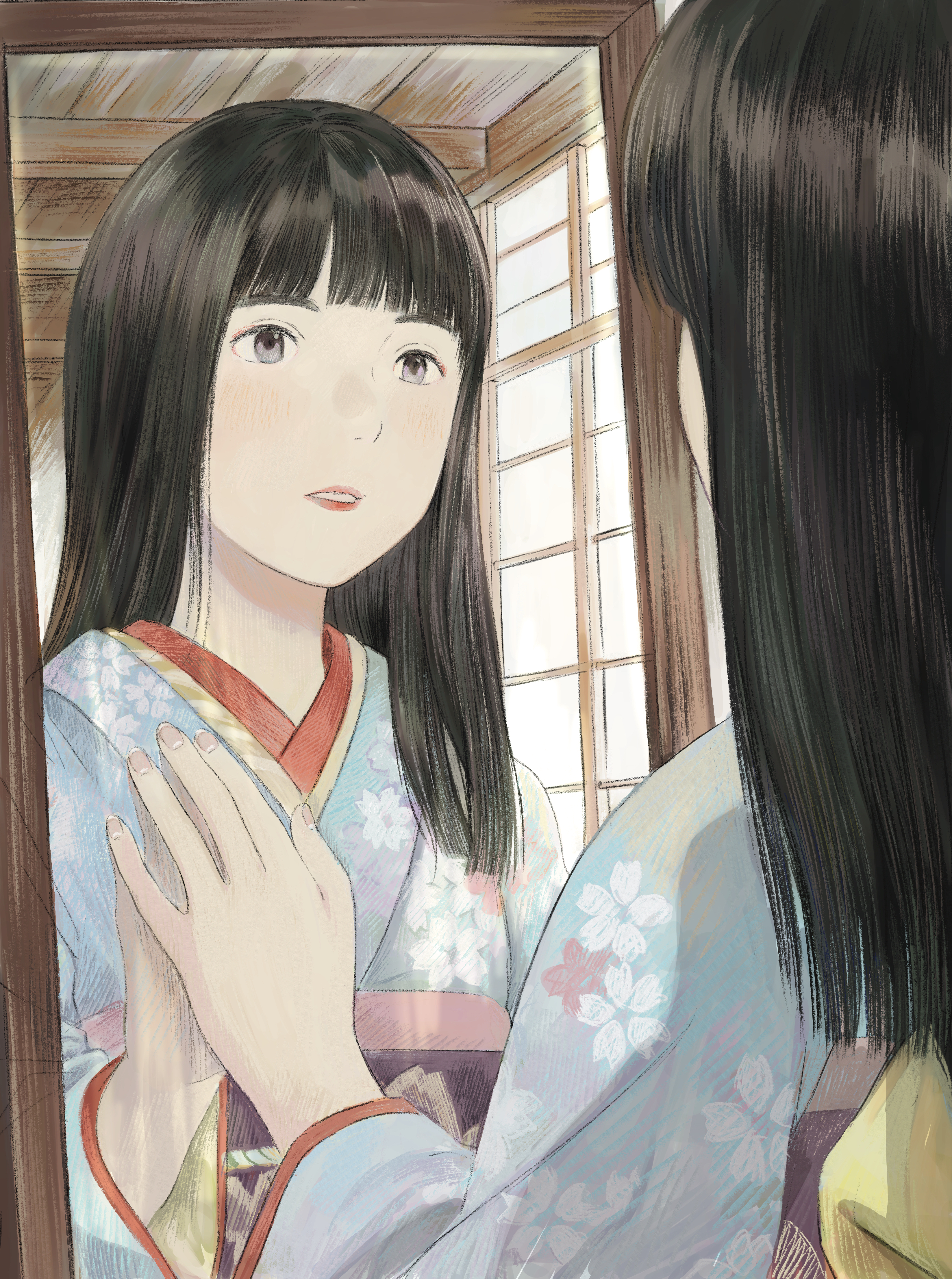 fukaba mika, absurdres, highres, 1girl, black hair, blue kimono, day, hand on mirror, hand up, indoors, japanese clothes, kimono, lipstick, looking at mirror, makeup, mirror, solo, upper body