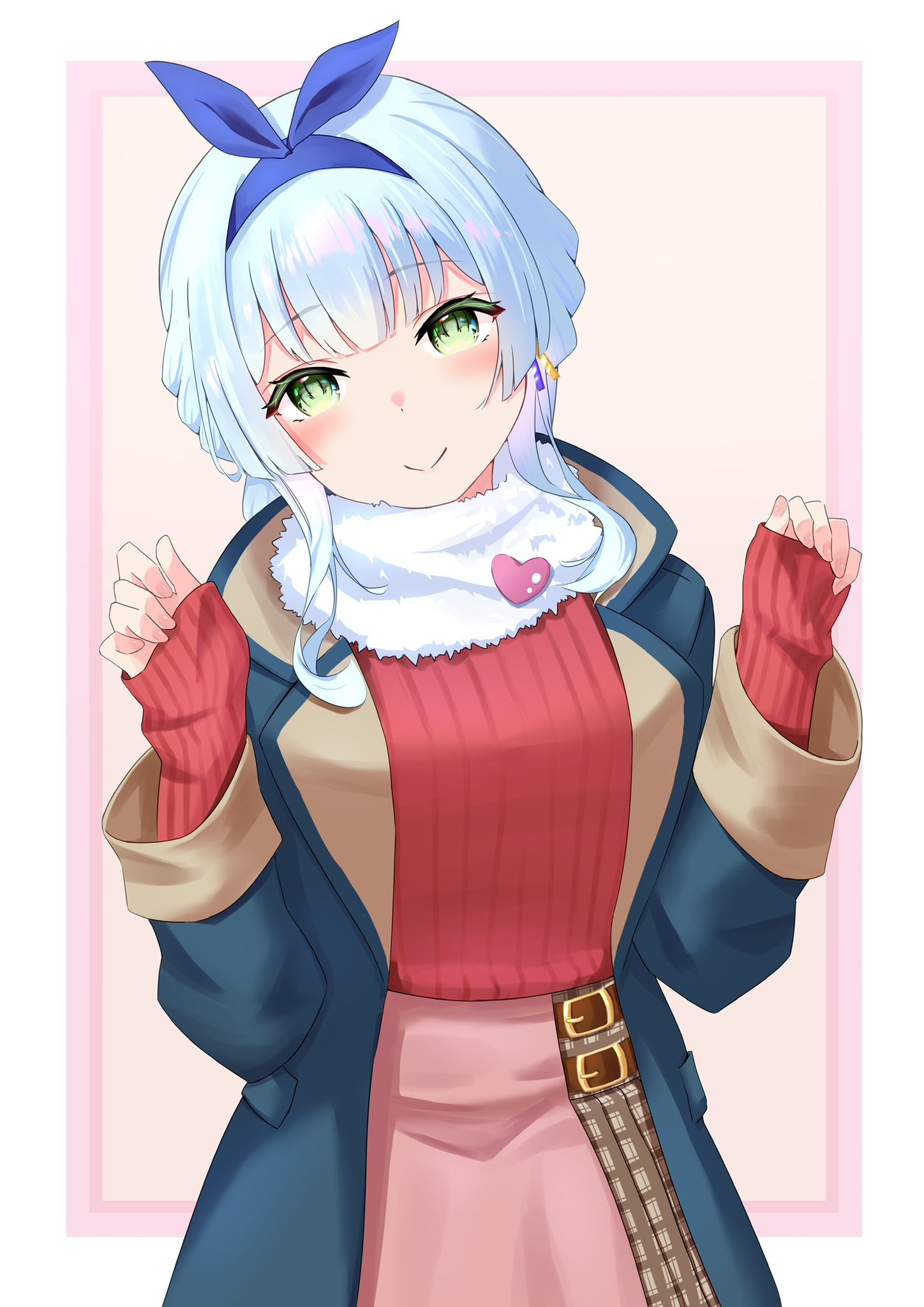 kashiwagi saki, ongeki, highres, 1girl, belt, blush, bow, closed mouth, coat, green eyes, hair ribbon, hairband, heart, jacket, jewelry, kinakollll, long hair, long sleeves, looking at viewer, ribbon, scarf, skirt, sleeves past wrists, smile, solo, striped background, sweater, turtleneck