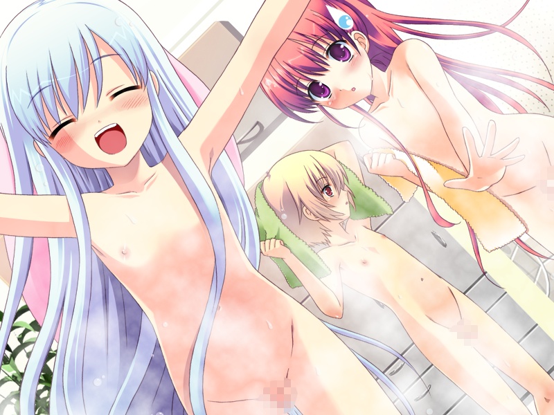 tendouin madoka, tendouin ui, tendouin yu, pure my imouto milk purun, silver hair, game cg, 3boys, arm behind head, blonde hair, blush, censored, closed eyes, collarbone, long hair, male focus, mosaic censoring, multiple boys, navel, nipples, nude, open mouth, penis, purple eyes, red eyes, red hair, short hair, shota, small penis, steam, sweatdrop, teeth, toes, tongue, towel, trap