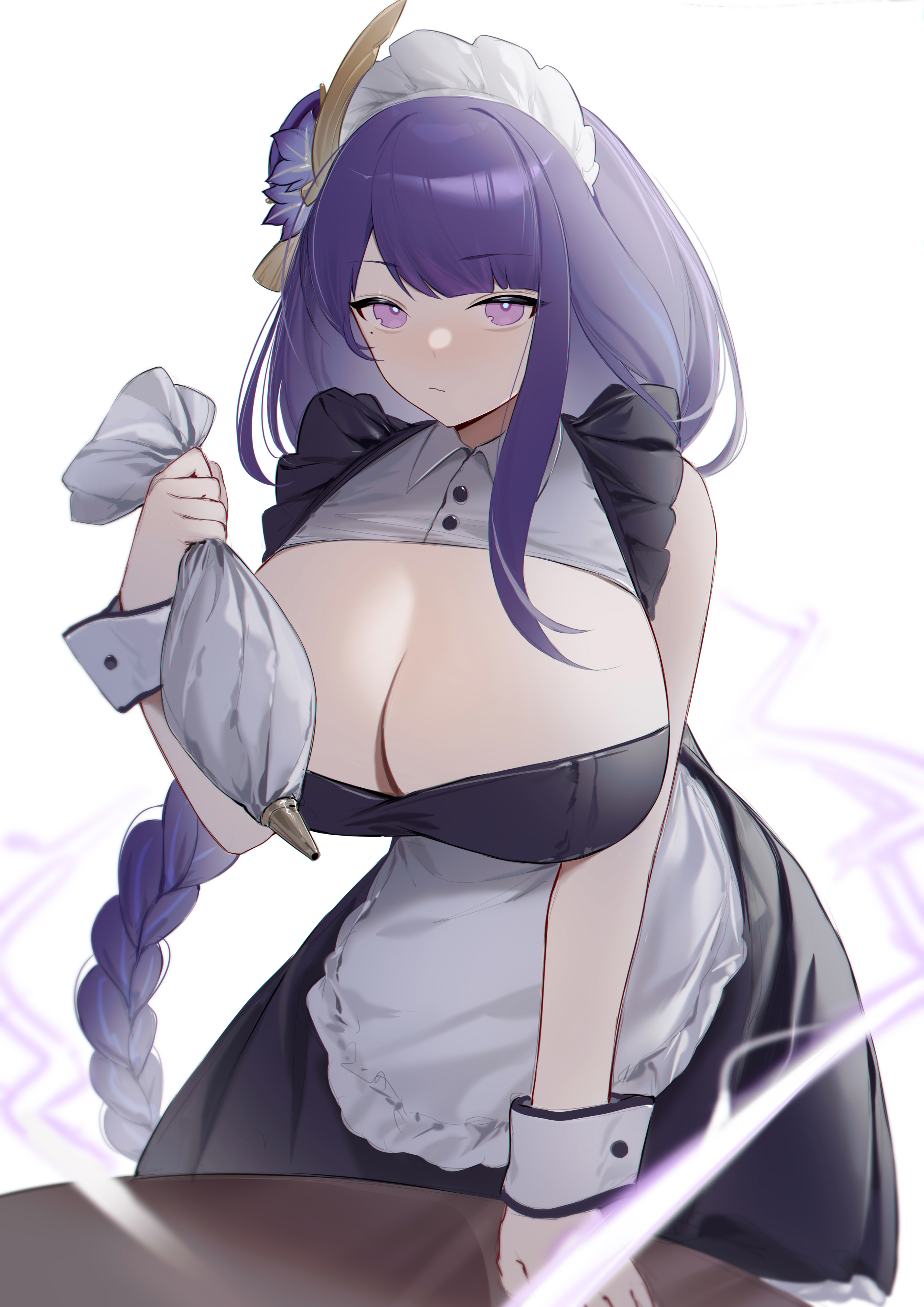 shibuya (kurokamishain), raiden shogun, genshin impact, absurdres, commentary request, highres, 1girl, alternate breast size (larger), alternate costume, blue pupils, blunt bangs, breasts, center frills, cleavage, closed mouth, collared shirt, dress, electricity, fan hair ornament, flower, flower ornament, frilled sleeves, frills, glowing, glowing eyes, gradient hair, hair ornament, holding, huge breasts, leaning forward, light blush, long hair, looking at viewer, looking to the side, maid, maid headdress, mole, mole under eye, motion blur, multicolored eyes, multicolored hair, purple eyes, purple flower, purple hair, shirt, short sleeves, solo, standing, streaked hair, table, upper body, white background, wrist cuffs