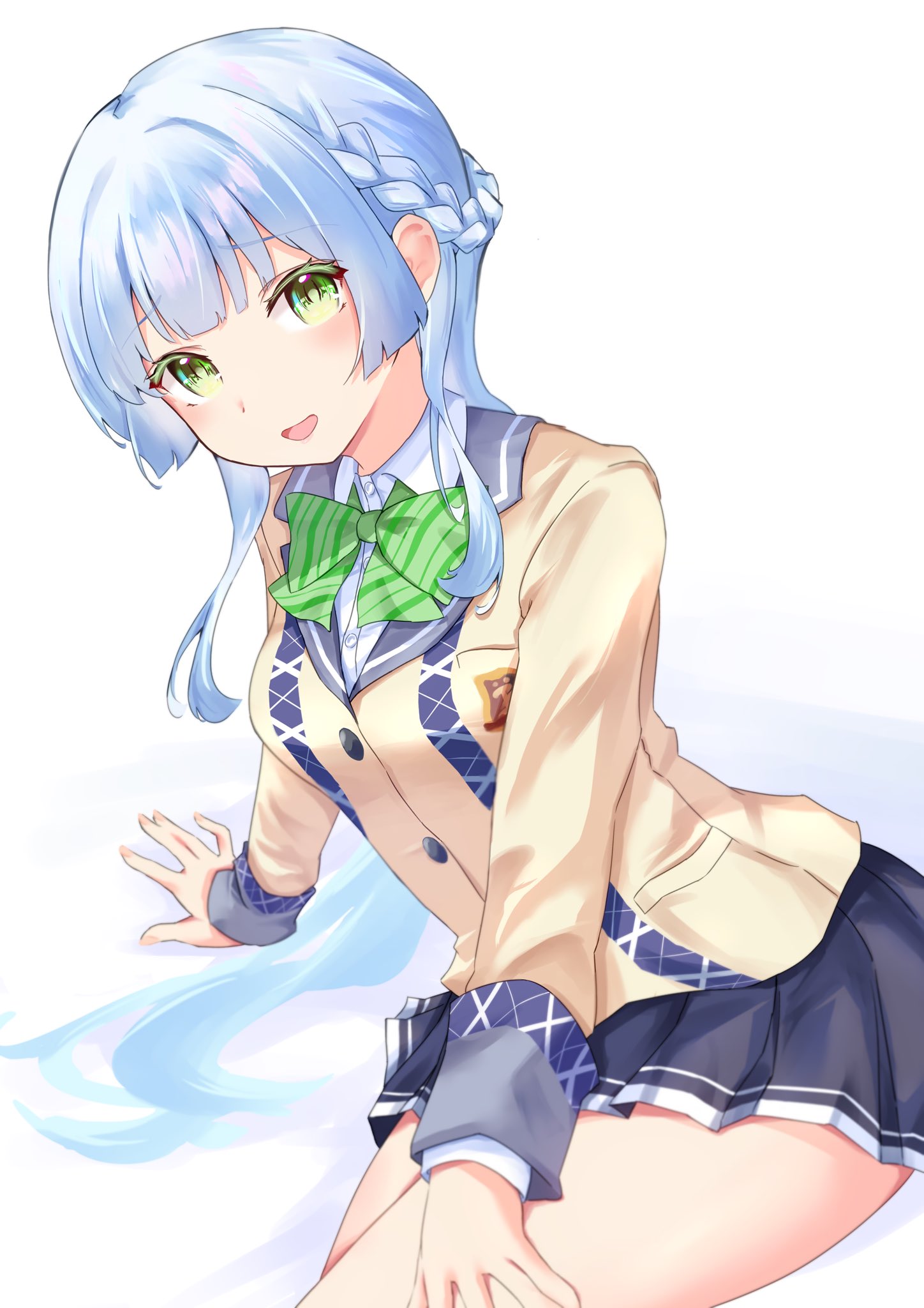 kashiwagi saki, ongeki, highres, 1girl, :d, black skirt, blazer, blue hair, blush, bow, bowtie, braid, collared shirt, green bow, green eyes, jacket, kinakollll, long hair, long sleeves, looking at viewer, miniskirt, open mouth, pleated skirt, school uniform, shirt, sitting, skirt, smile, solo
