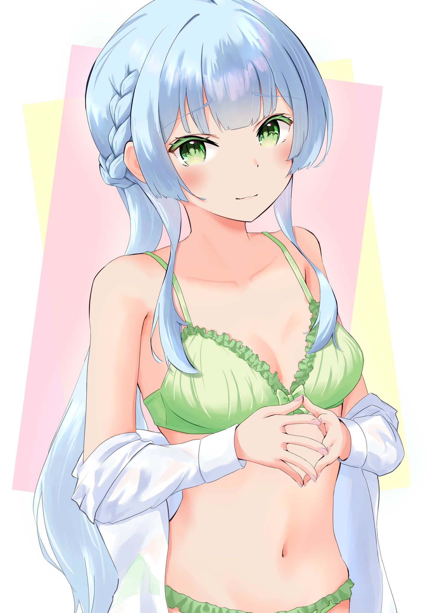 kashiwagi saki, ongeki, highres, 1girl, bare shoulders, blue hair, blush, bra, braid, breasts, closed mouth, collarbone, green bra, green eyes, green panties, kinakollll, long hair, long sleeves, looking at viewer, navel, off shoulder, open clothes, open shirt, panties, see-through clothes, shirt, small breasts, smile, solo, striped background, striped bra, striped clothes, underwear, white shirt