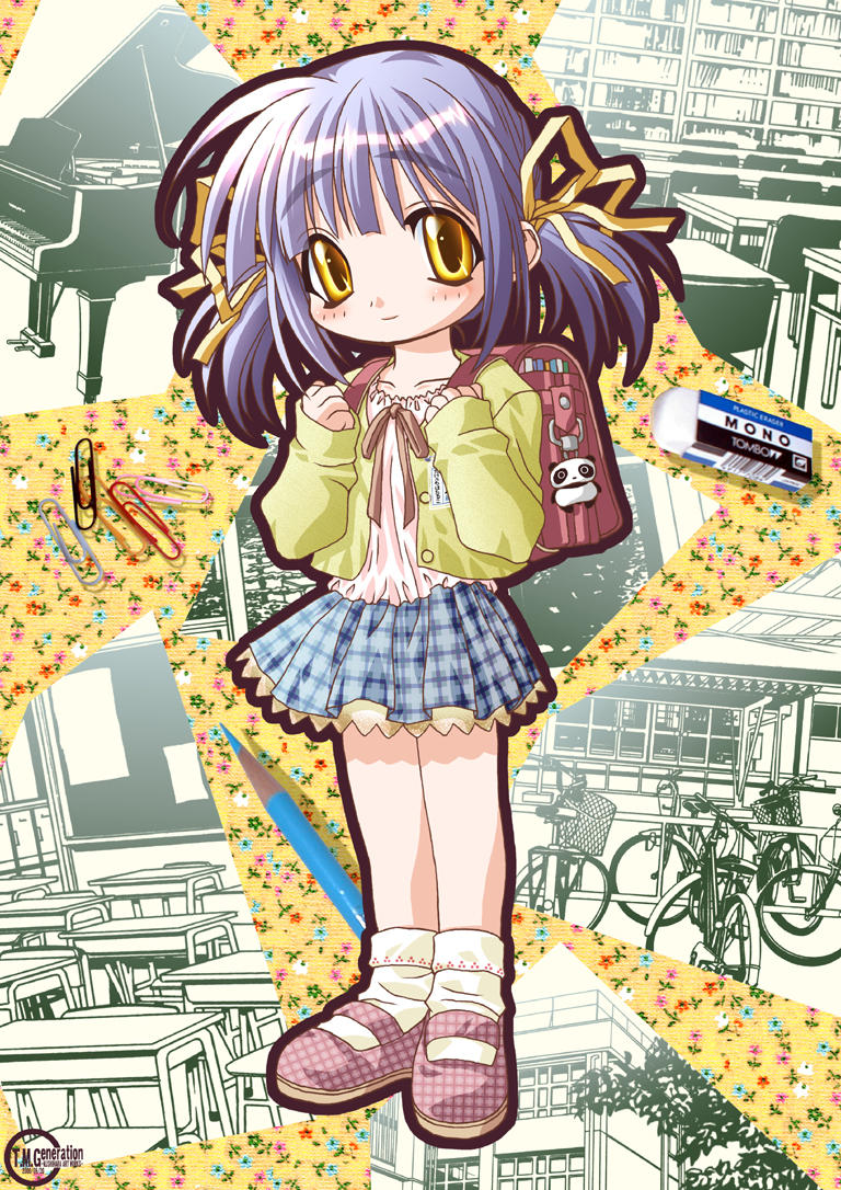 sunohara mei, clannad, tagme, 00s, 1girl, backpack, bag, female focus, full body, partially colored, randoseru, school, school uniform, skirt, solo