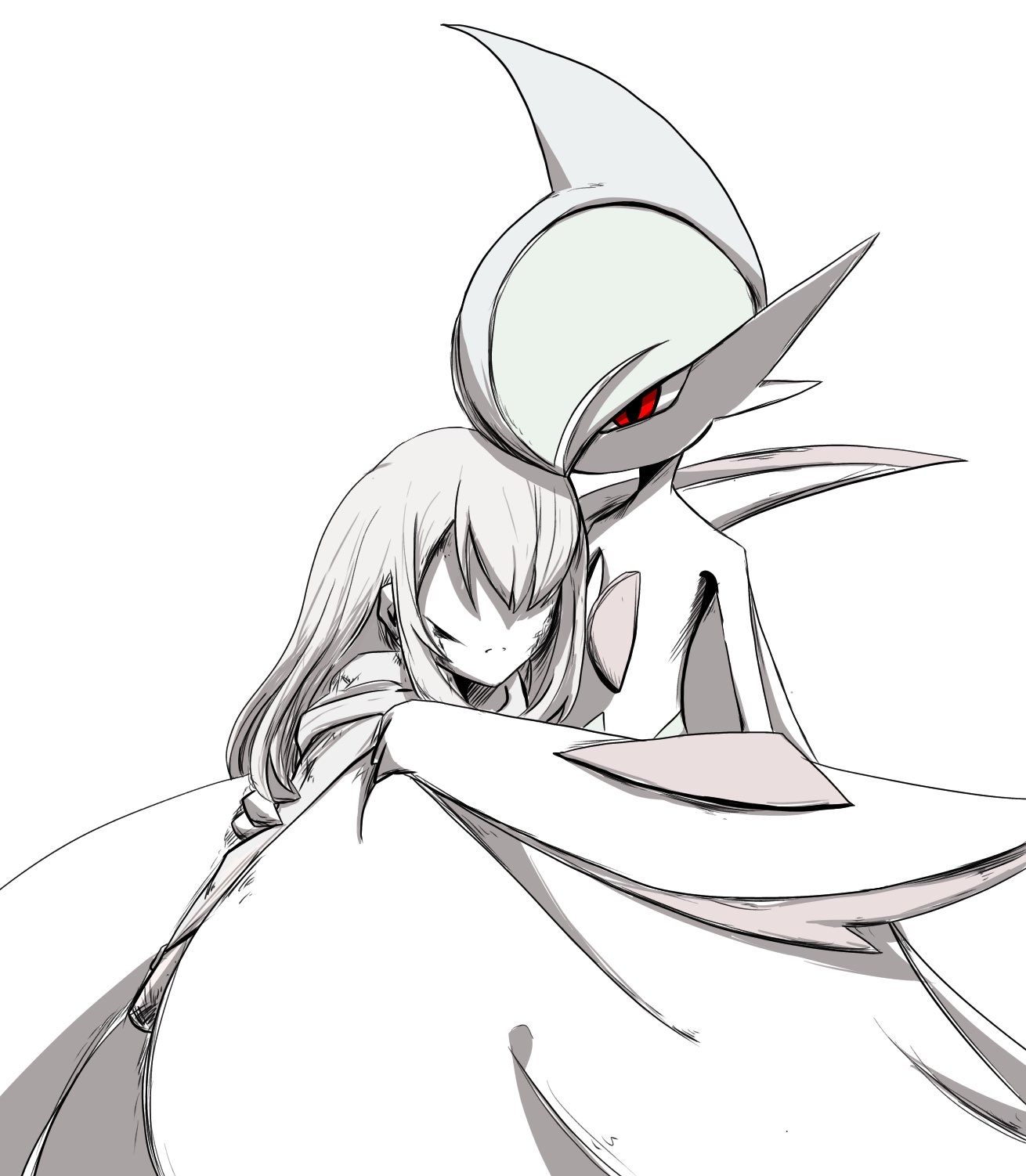 gallade, mega gallade, nintendo, pokemon, commentary, highres, 1boy, 1girl, arm blade, bleeding, blood, blood from forehead, blood on face, cape, dirty, dirty clothes, dirty face, faceless, faceless female, gen 4 pokemon, green hair, hair between eyes, half-closed eyes, hand on another's arm, hand on another's back, hand on another's shoulder, heads together, hood, hoodie, hug, injury, leaning on person, long hair, mega pokemon, mohawk, monochrome, muted color, partially colored, pokemon (creature), protecting, red eyes, shaded face, spot color, user kgue8578, weapon, white background, white cape, white hair, white hoodie