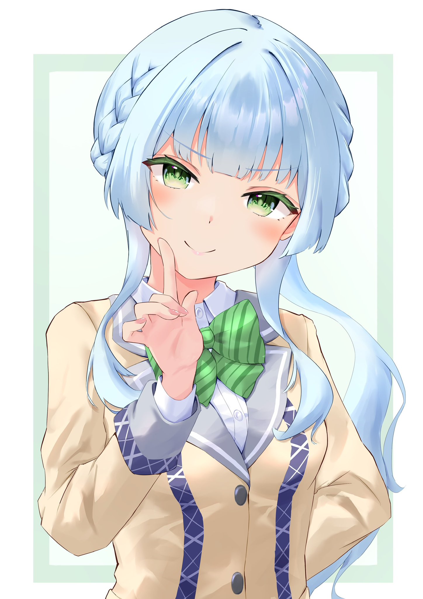 kashiwagi saki, ongeki, highres, 1girl, blue hair, blush, bow, braid, cardigan, closed mouth, collared shirt, green eyes, jacket, kinakollll, long hair, long sleeves, looking at viewer, school uniform, shirt, smile, solo, striped background, upper body
