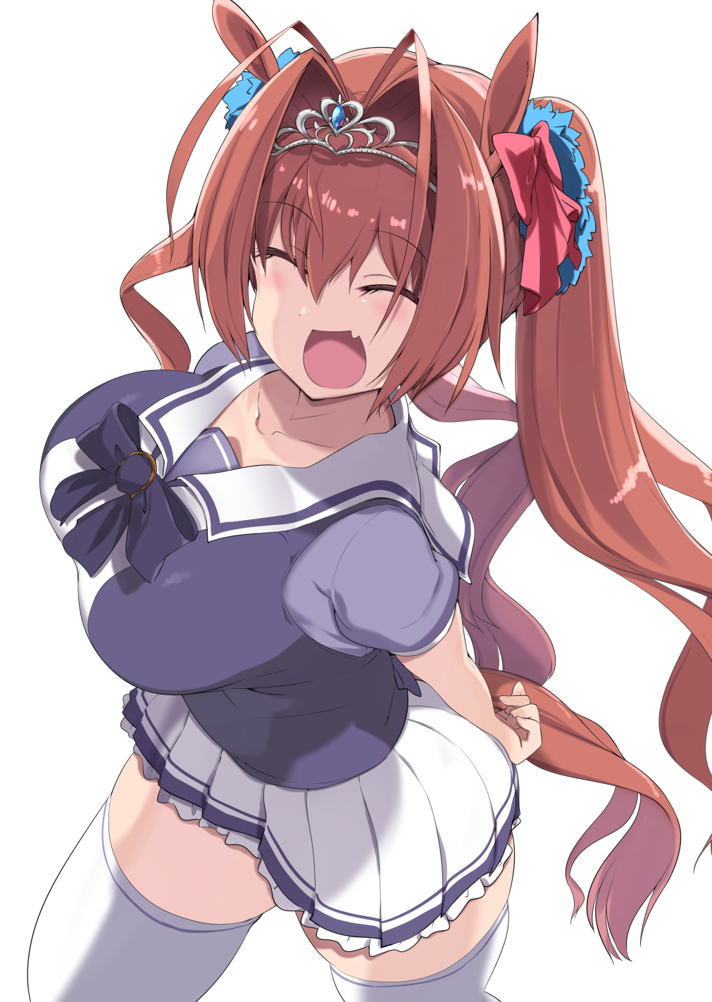 mamo williams, daiwa scarlet (umamusume), umamusume, highres, animal ears, ass, breasts, brown hair, closed eyes, collarbone, cowboy shot, curvy, dot nose, fang, from above, hair between eyes, hair intakes, happy, horse ears, horse girl, horse tail, huge breasts, light blush, long hair, looking at viewer, open mouth, purple sailor collar, ribbon, sailor collar, school uniform, skirt, solo, tail, thick thighs, thighhighs, thighs, tiara, tracen school uniform, twintails, white thighhighs