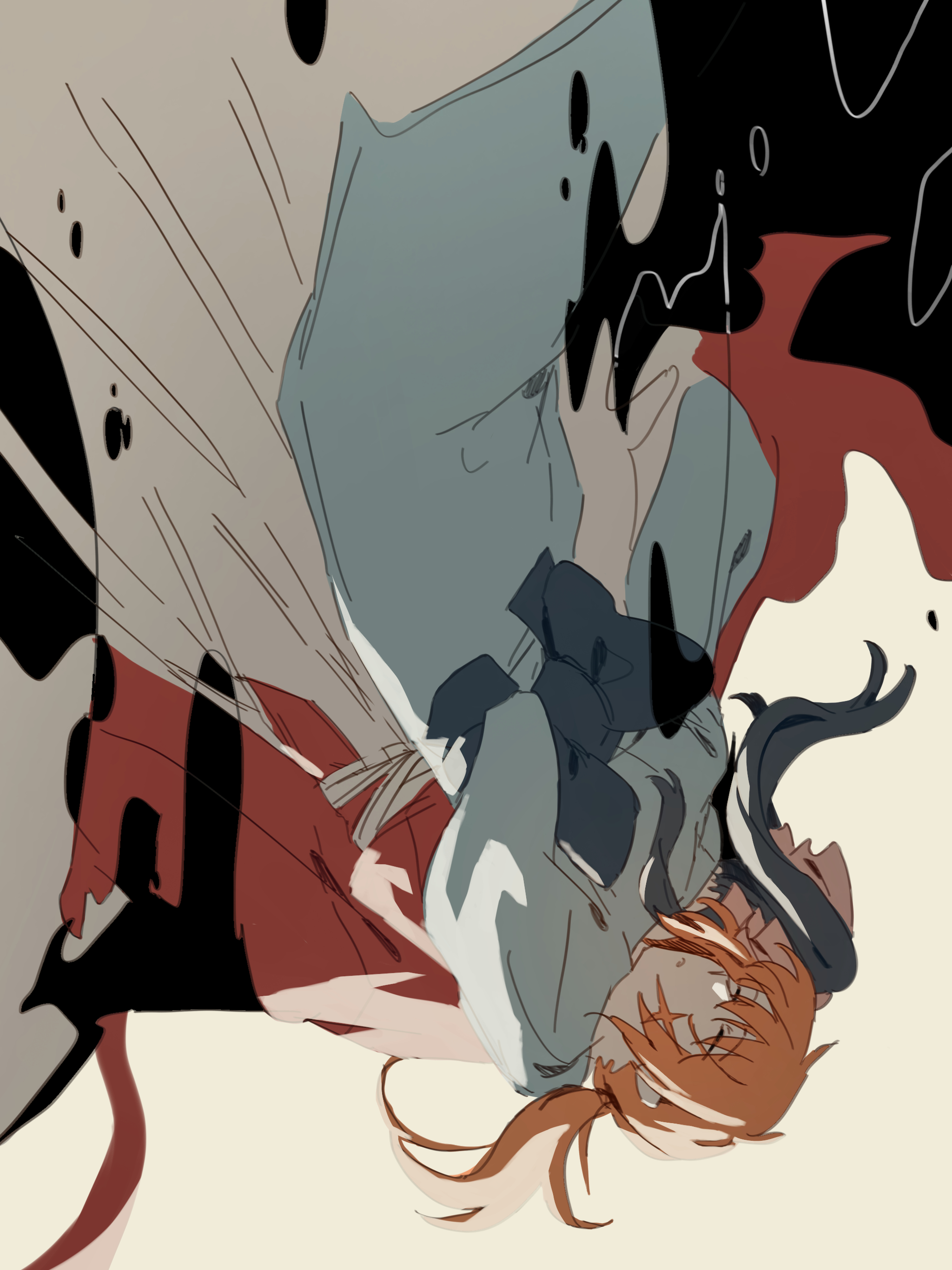 himura kenshin, kamiya kaoru, rurouni kenshin, absurdres, commentary request, highres, 1boy, 1girl, arms around neck, back bow, black hair, blue kimono, blue sash, bow, closed eyes, cross scar, facial scar, feet out of frame, from behind, hair ribbon, hakama, hakama pants, high ponytail, hug, japanese clothes, kimono, long hair, low ponytail, nasubi (user agpx4547), orange hair, pants, parted lips, pink ribbon, ponytail, red kimono, ribbon, sash, scar, scar on cheek, scar on face, upside-down, white hakama
