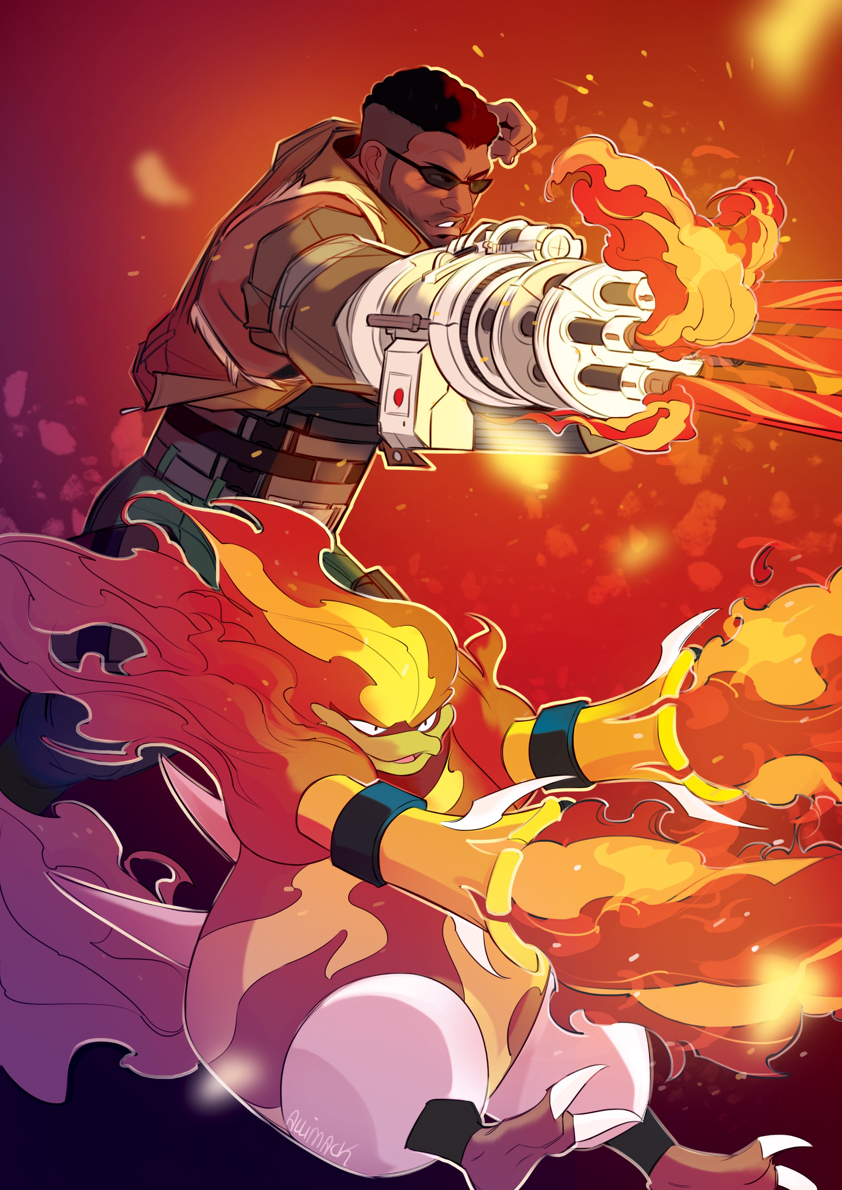 skirtzzz, barret wallace, magmar, final fantasy, final fantasy vii, final fantasy vii remake, nintendo, pokemon, absurdres, highres, 1boy, artist name, beard, black hair, brown vest, dark-skinned male, dark skin, facial hair, fire, furrowed brow, gen 1 pokemon, green pants, gun, male focus, pants, parted lips, pokemon (creature), prosthetic weapon, short hair, sunglasses, upper body, very short hair, vest, weapon